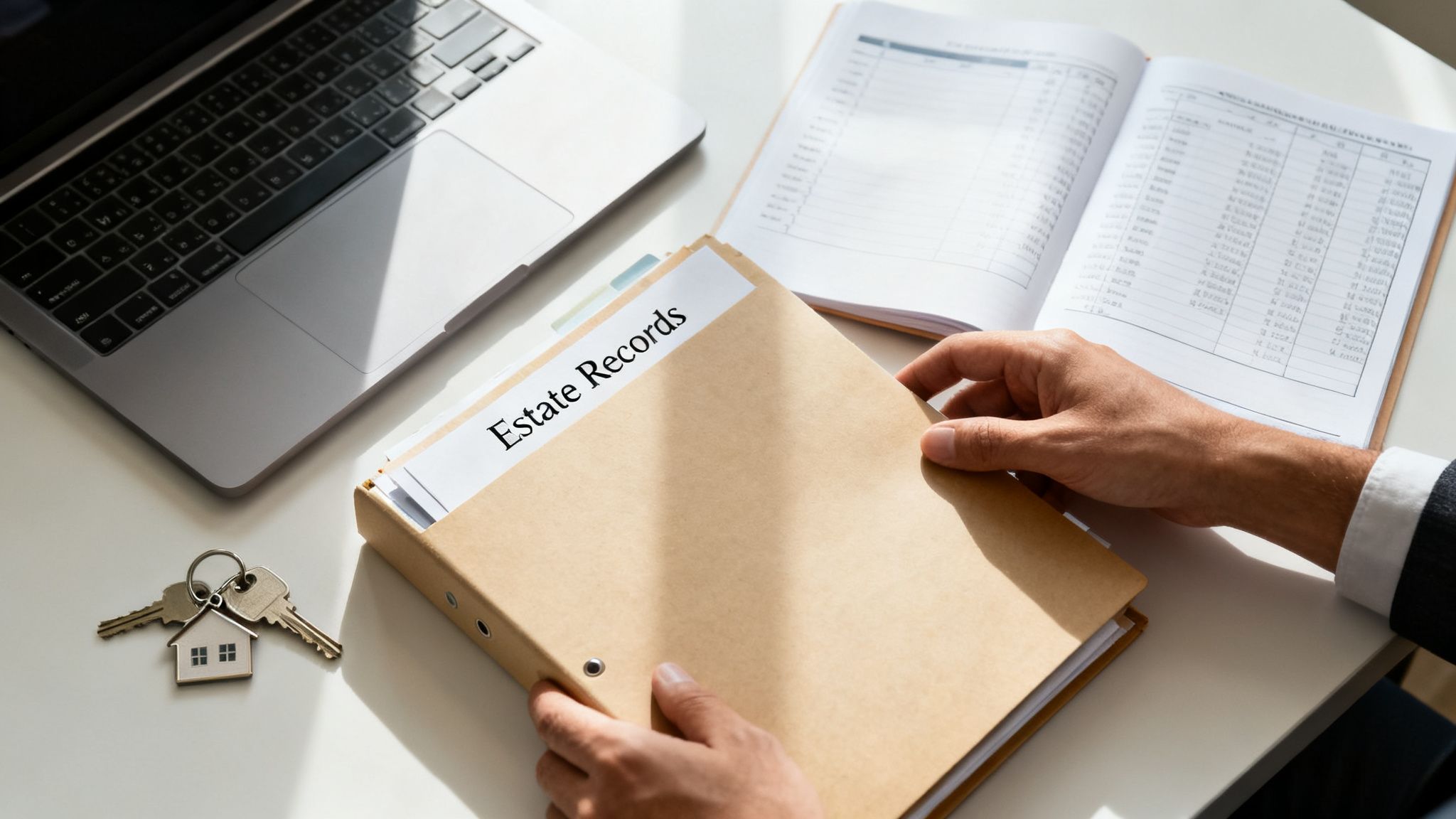 Hands holding an 'Estate Records' folder on a desk with a laptop, ledger, and house keys.