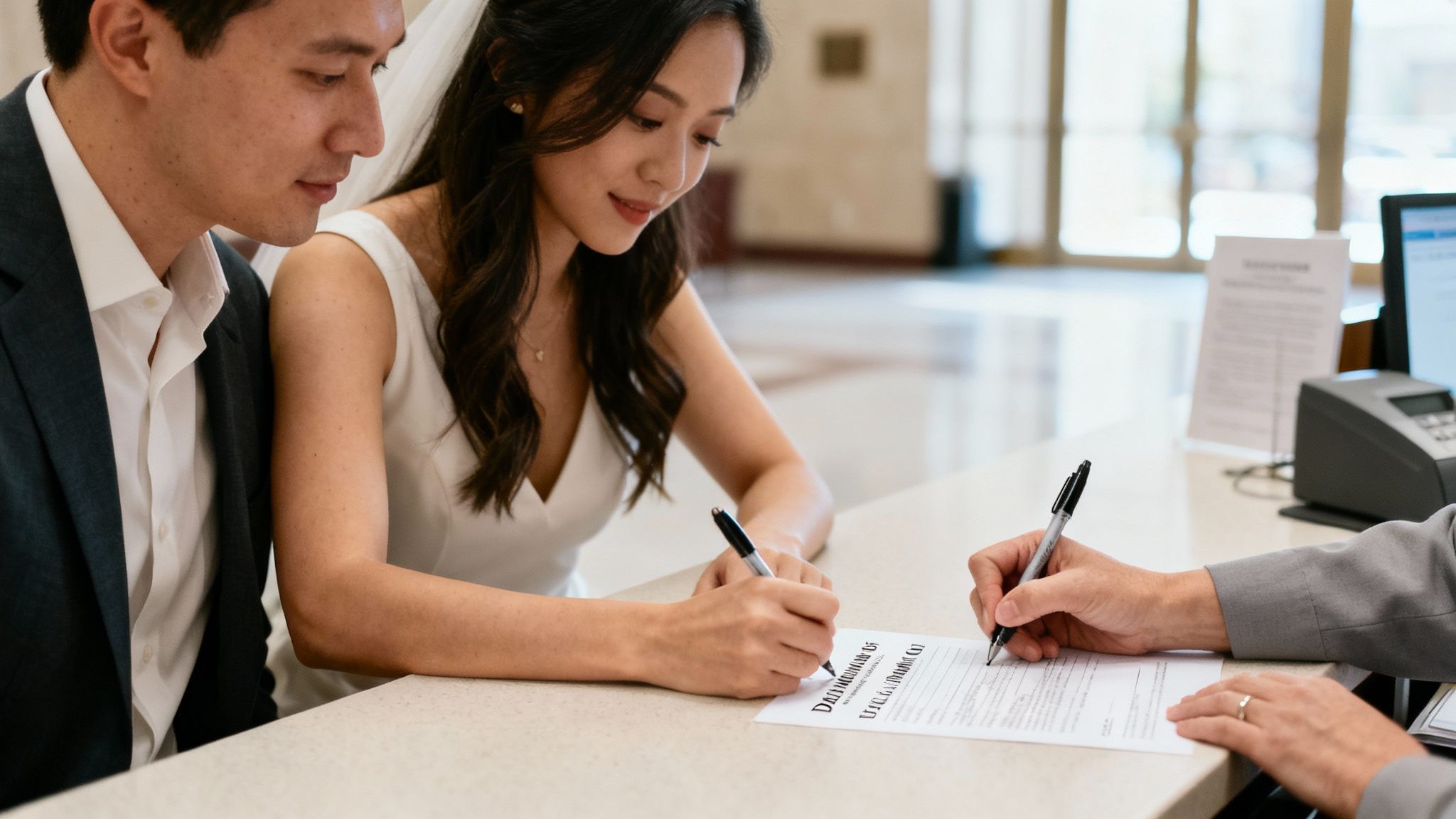 Couple signing Declaration of Informal Marriage at county clerk's office in Texas, emphasizing legal recognition of common law marriage.