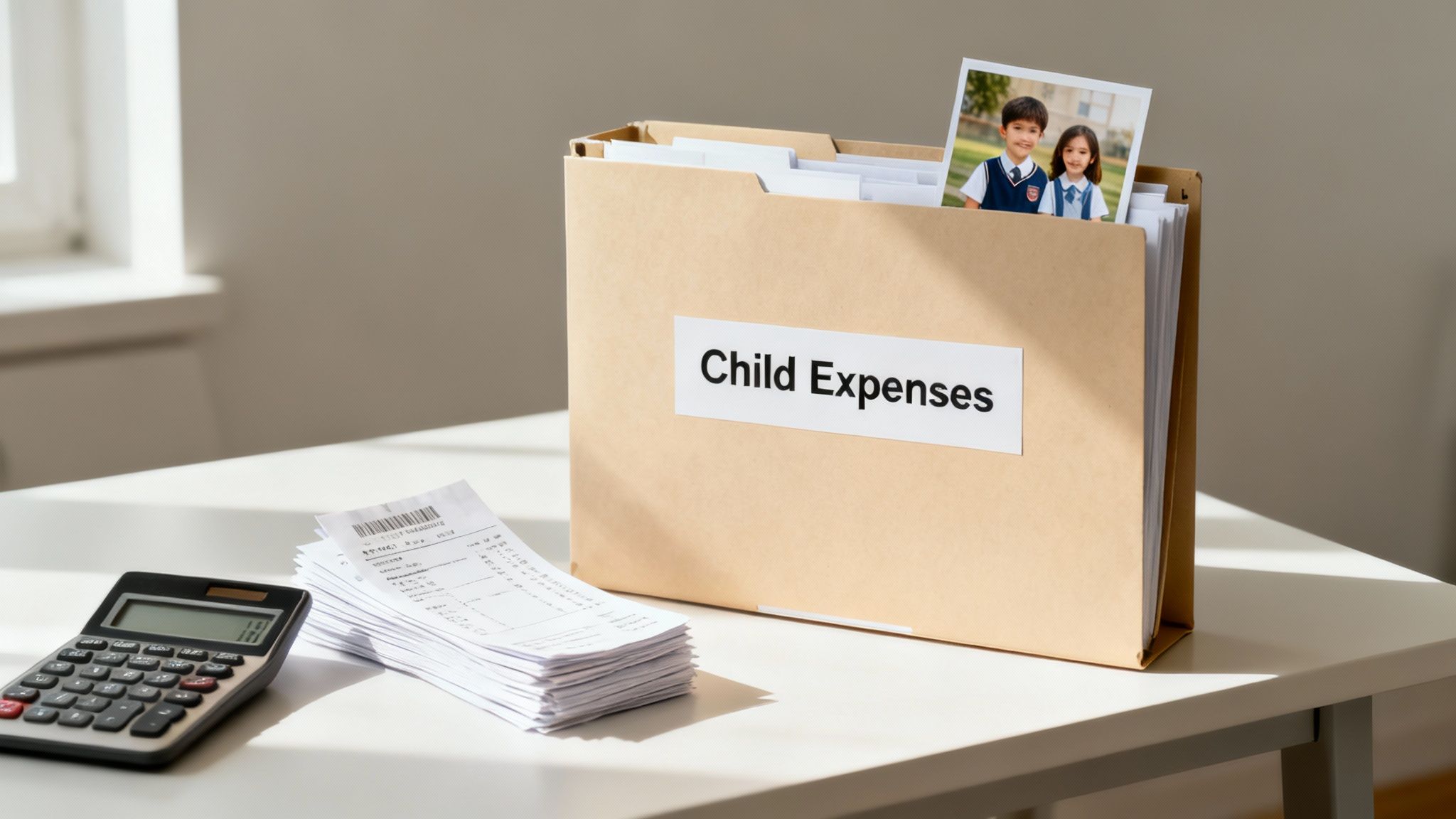 A person organizing financial documents at a desk, symbolizing the need for a solid financial plan in a Texas custody case.