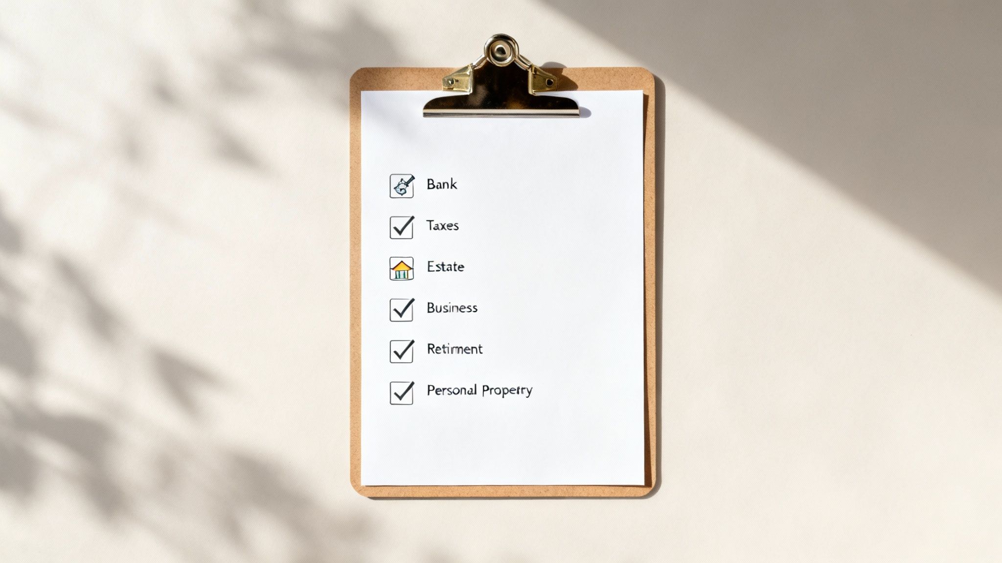 Clipboard with a financial checklist, featuring Bank, Taxes, Estate, Business, Retirement, and Personal Property items.