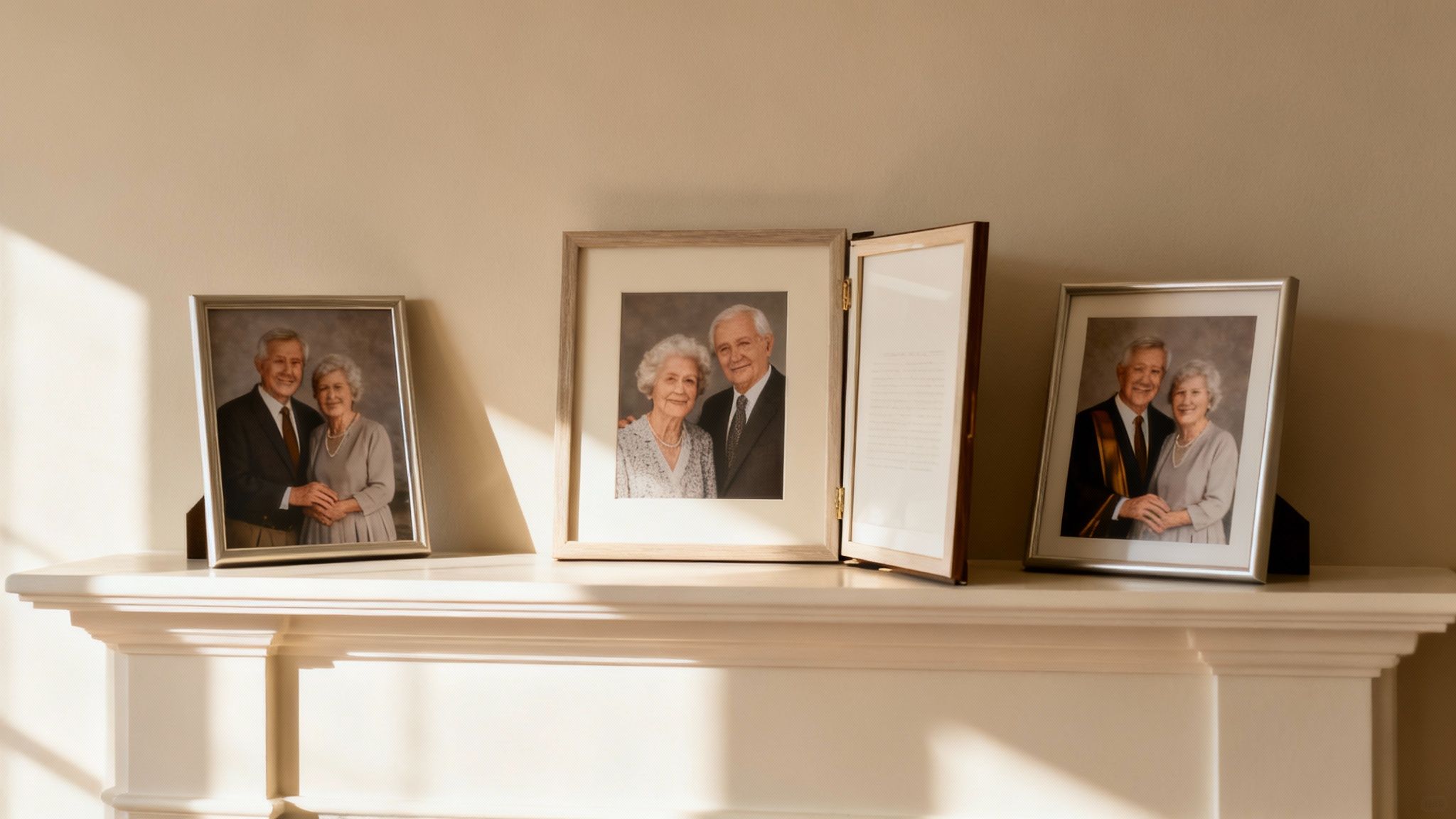 Three framed portraits of smiling elderly couples displayed on a bright white mantelpiece.