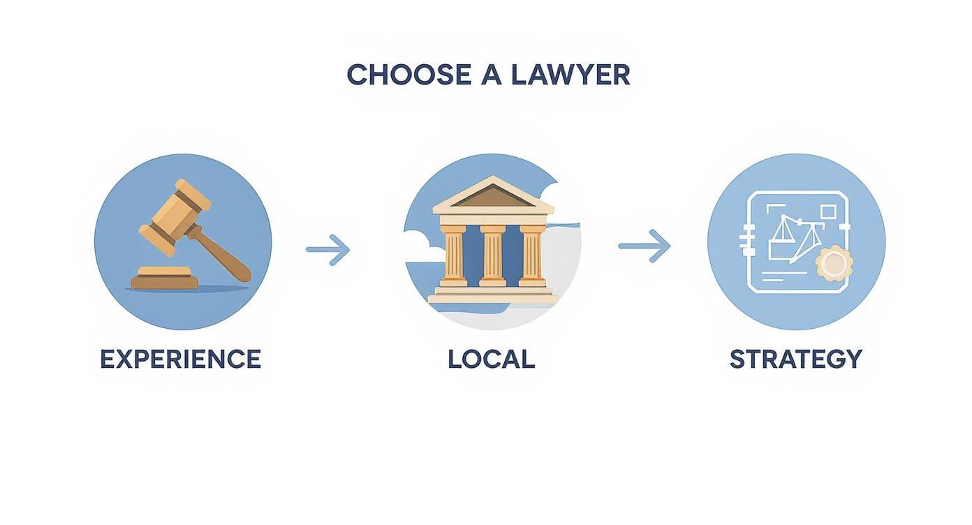 Three step process for choosing a lawyer showing experience, local expertise, and legal strategy icons