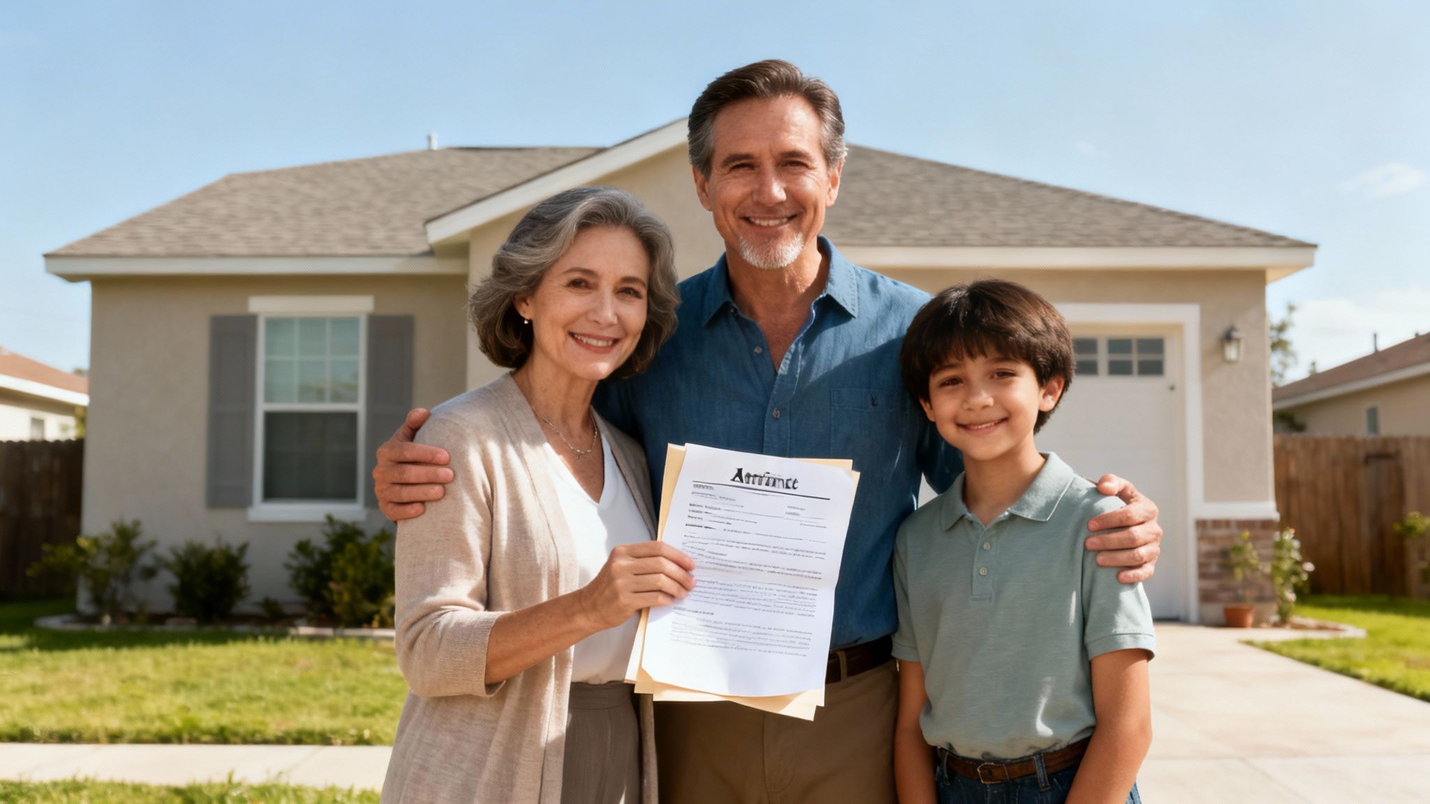 Smiling family standing in front of their home, holding a completed affidavit document, symbolizing property transfer and legal processes after a loved one's death.