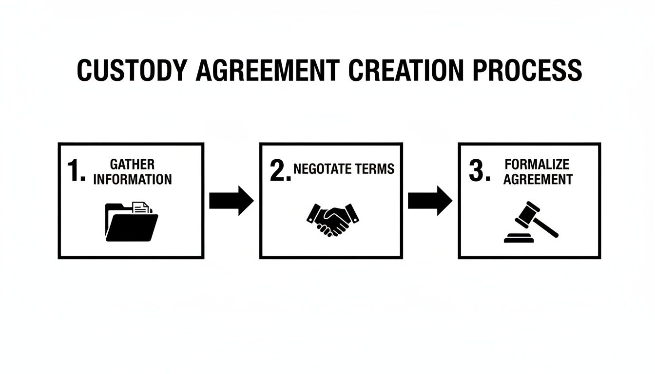 A black and white infographic detailing the three steps of a custody agreement creation process.