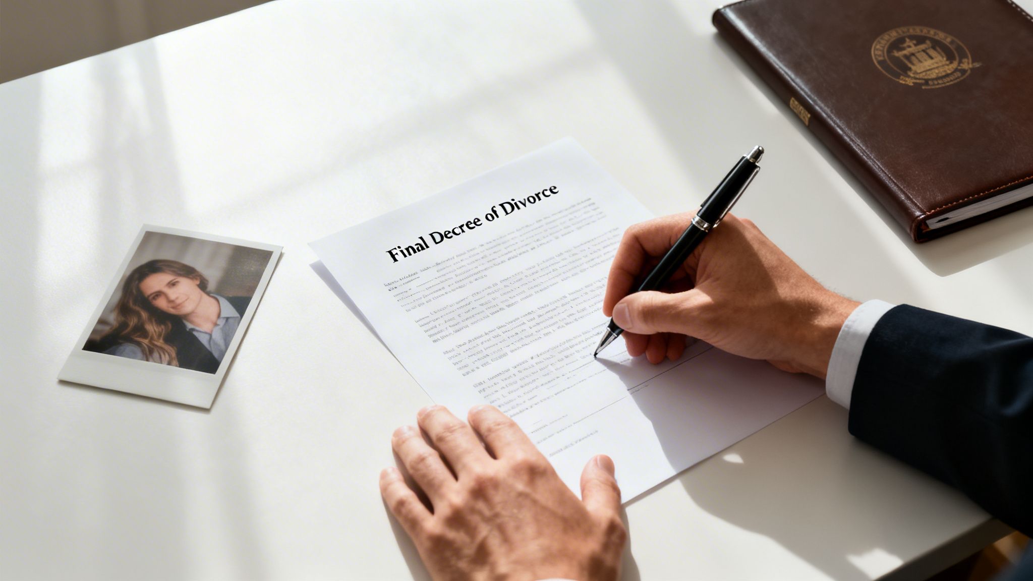 A person's hands signing a "Final Decree of Divorce" document with a pen, next to a photo of a woman.