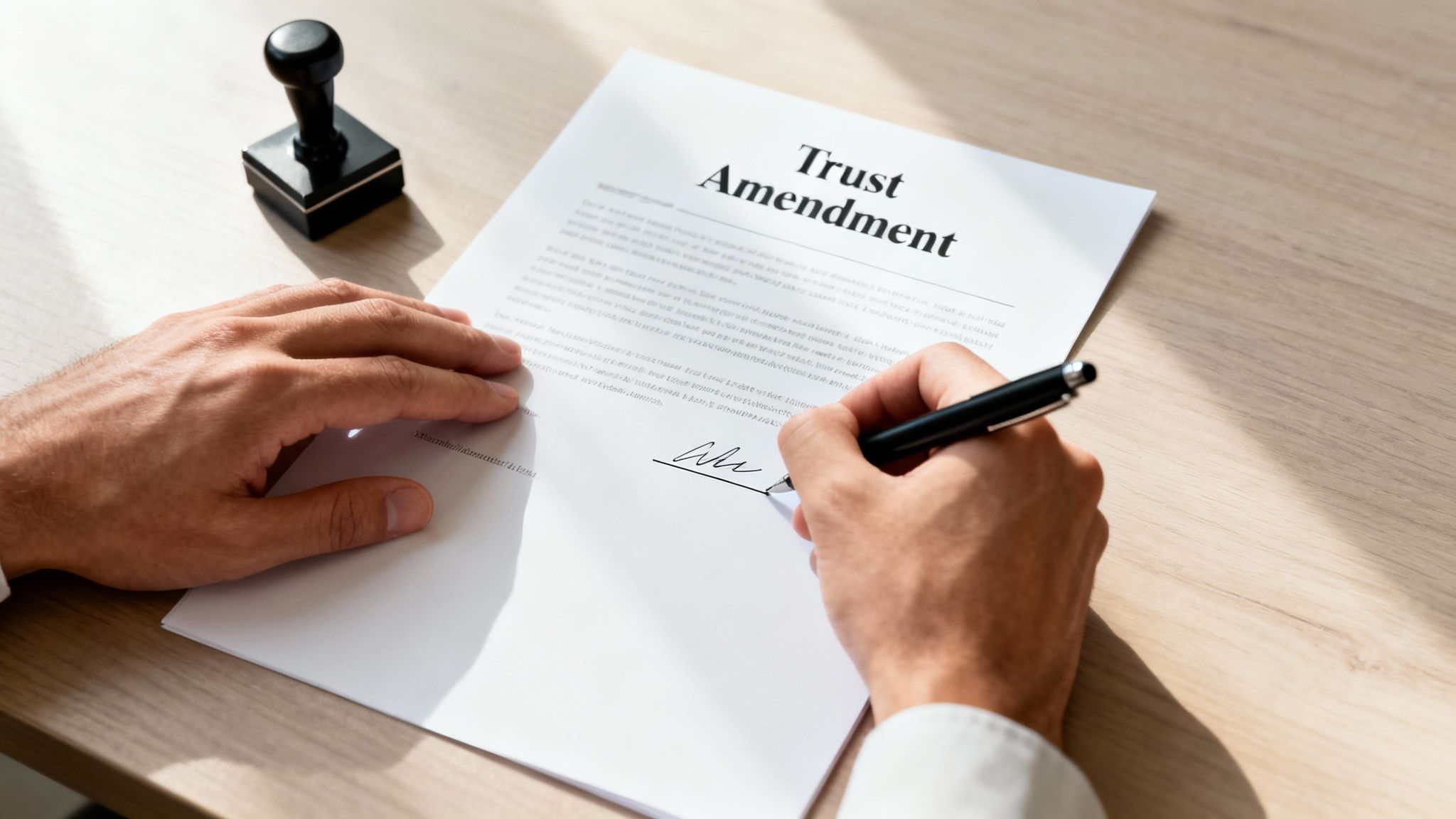 A person's hands are seen signing a 'Trust Amendment' document with a pen, next to a stamp.