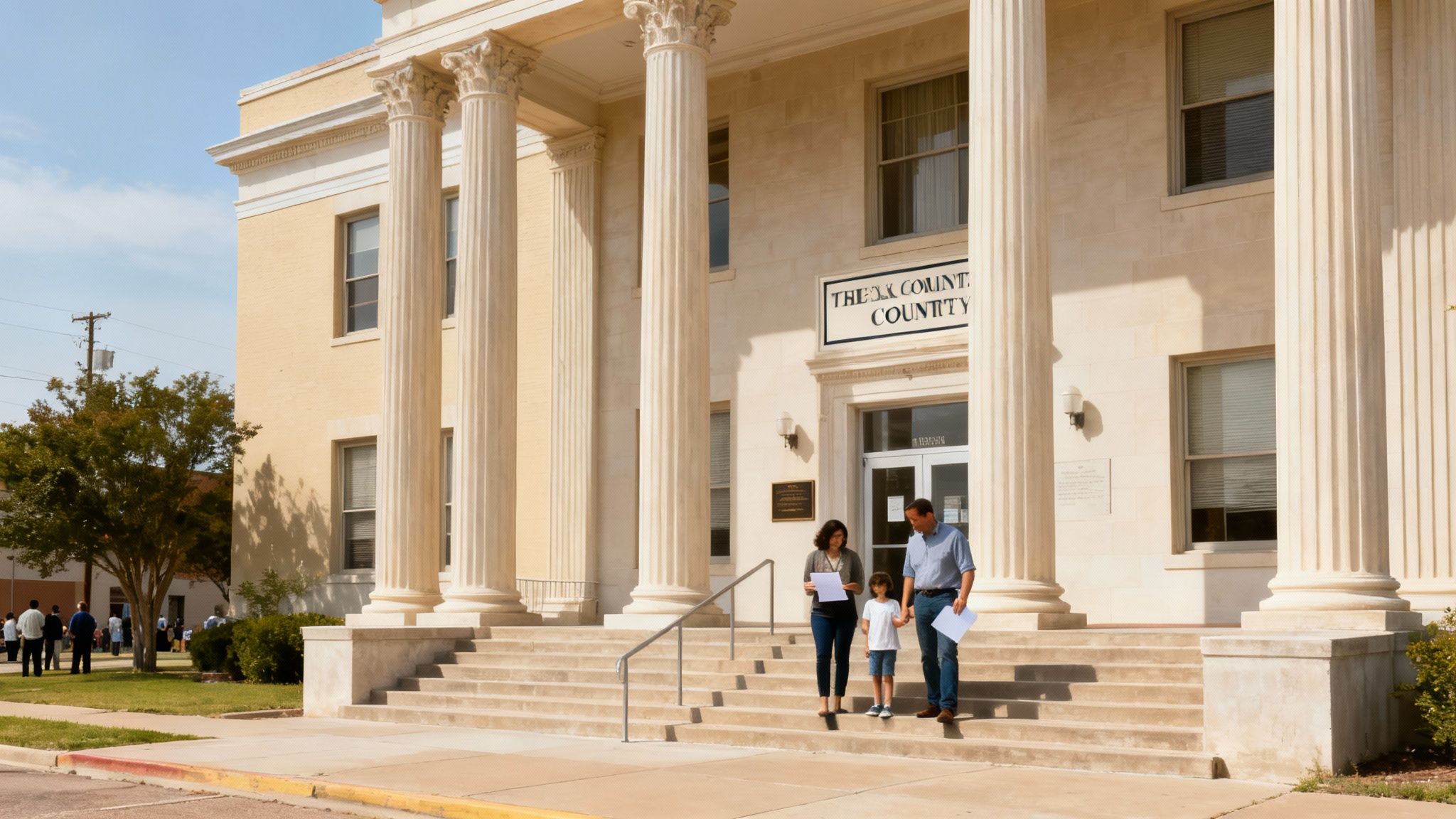 A family, holding papers, descends the steps of a grand county courthouse building.