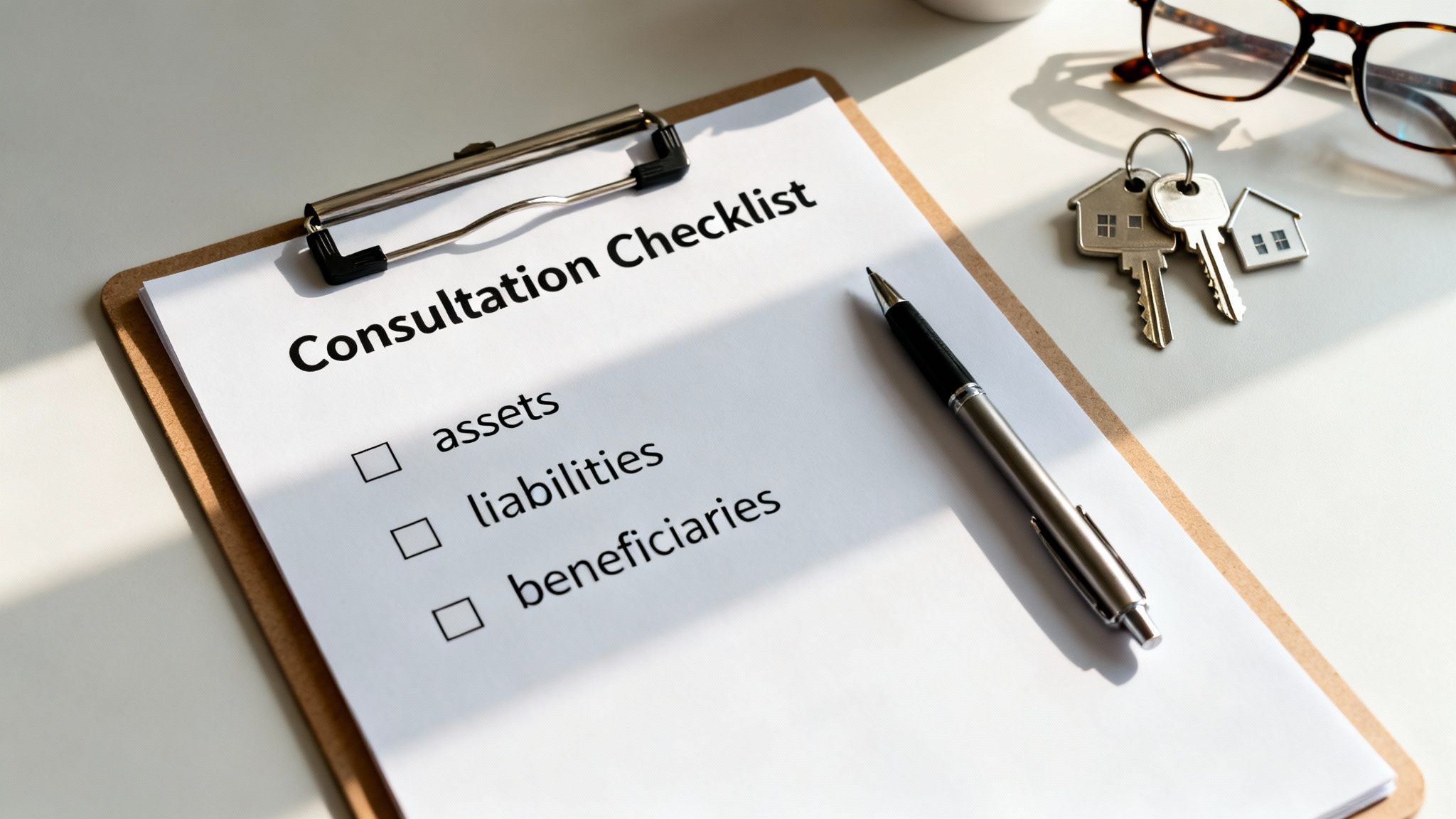 A clipboard with a 'Consultation Checklist' listing assets, liabilities, and beneficiaries, next to a pen, glasses, and house keys.