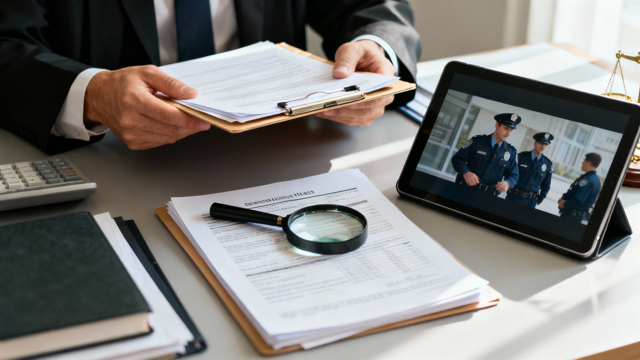 Un abogado de DUI revisando documentos legales en un escritorio de madera
