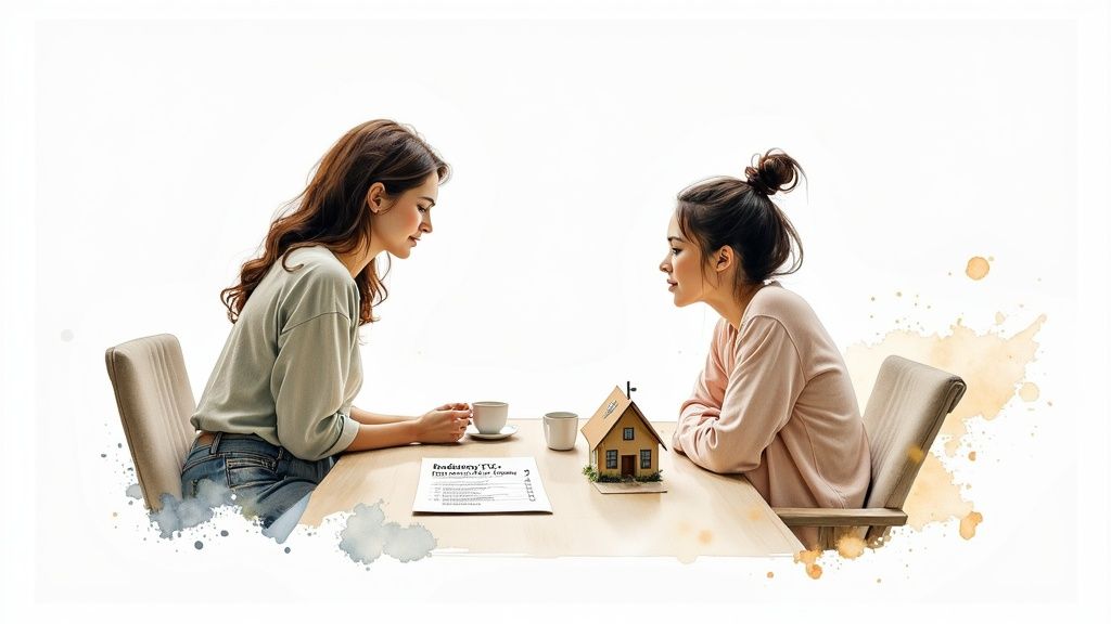 Two women discussing divorce paperwork at a table, with a model house and a coffee cup, symbolizing legal separation and property division in Texas.