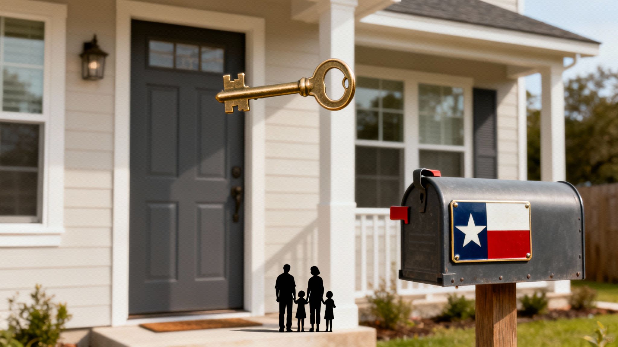 Key symbolizing homeownership and family legacy in Texas, with a mailbox featuring the Texas flag and a silhouette of a family standing together, representing the concept of a Lady Bird Deed for estate planning.