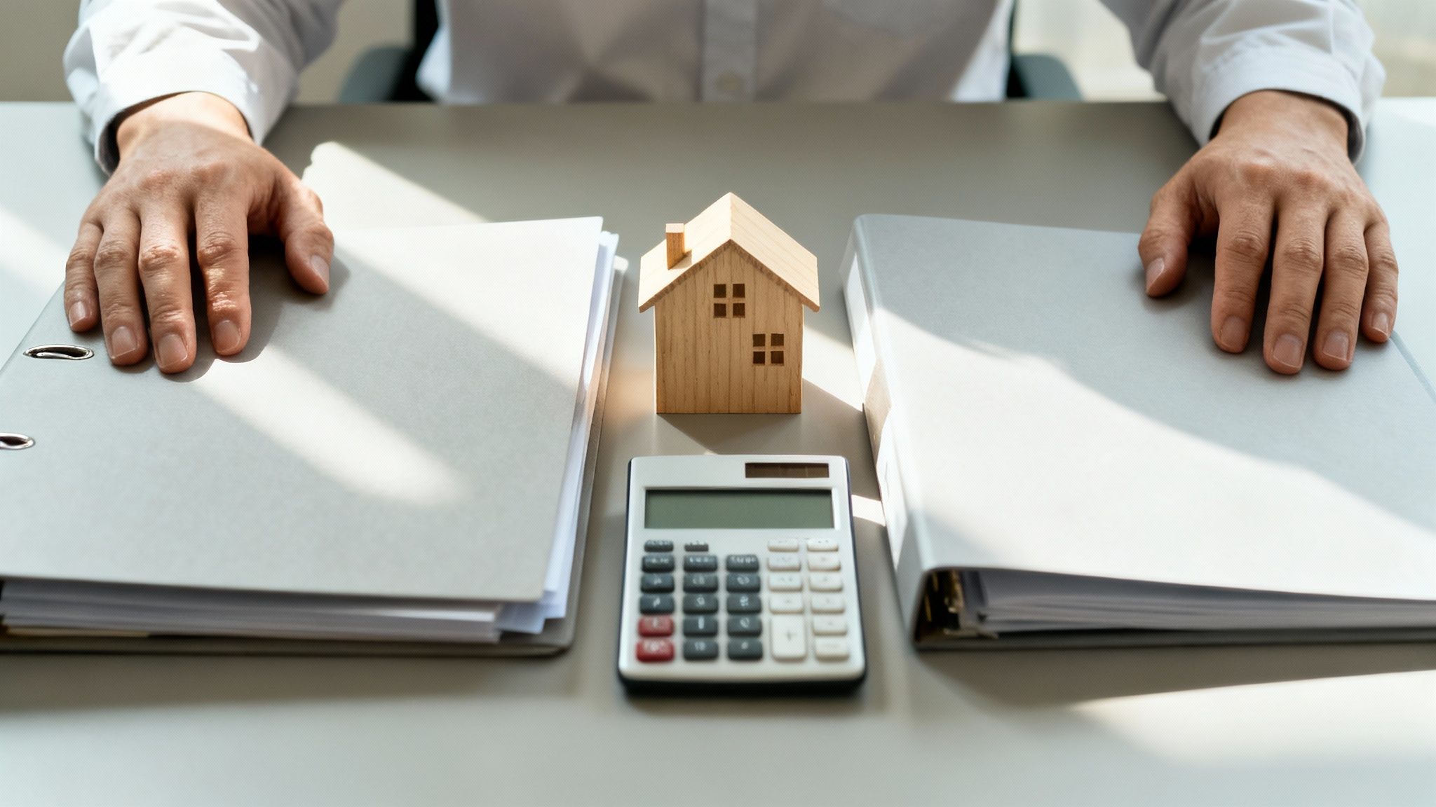 Hands rest on binders with a wooden house model and calculator, symbolizing property finance.