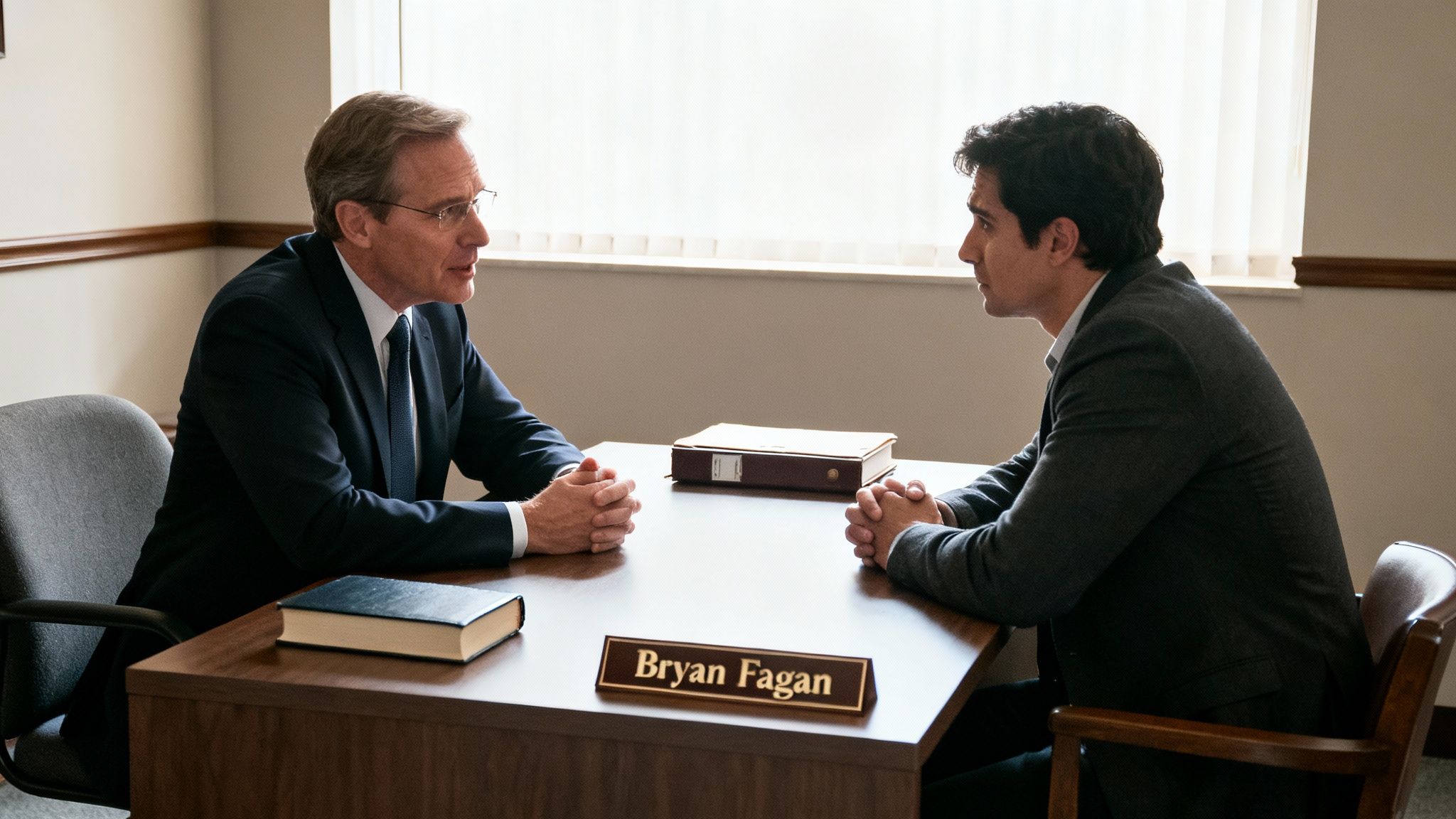 Two men in suits sit across a table from each other during a serious legal meeting.