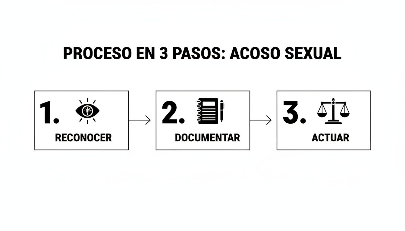Diagrama en tres pasos para abordar el acoso sexual: reconocer, documentar y actuar con iconos.