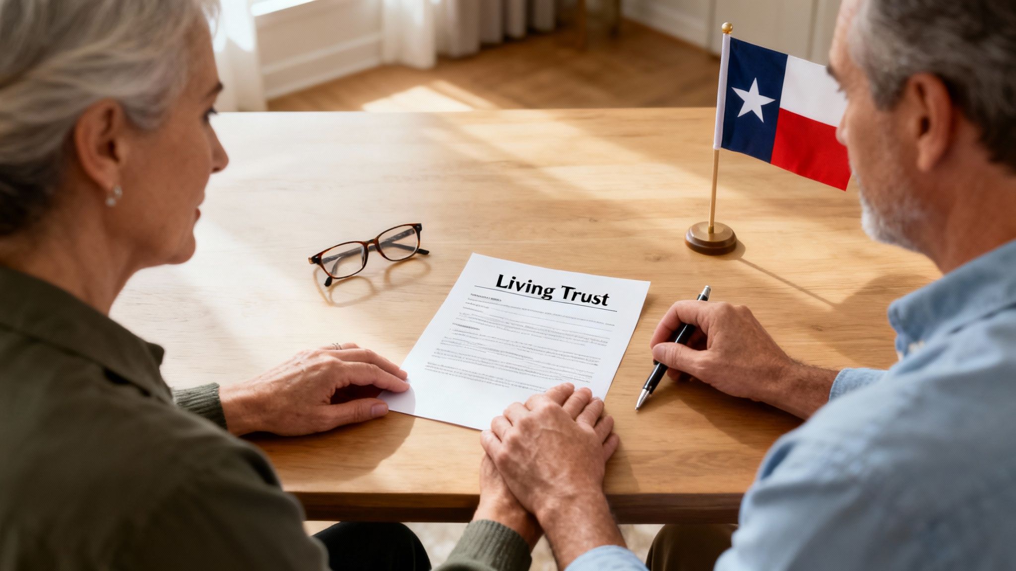An elderly couple reviewing a 'Living Trust' document on a wooden table with a Texas flag.