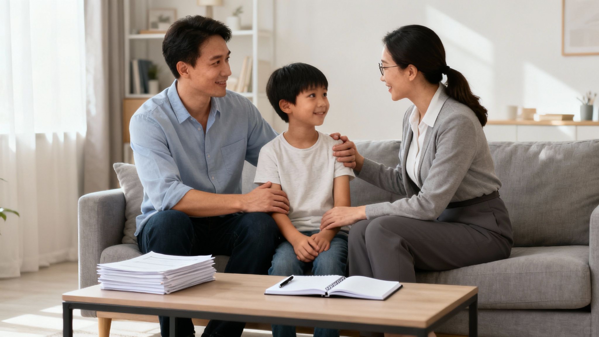 A social worker smiling warmly while talking to a couple in their living room.