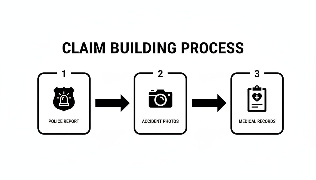Infographic showing the three-step claim building process: police report, accident photos, medical records.