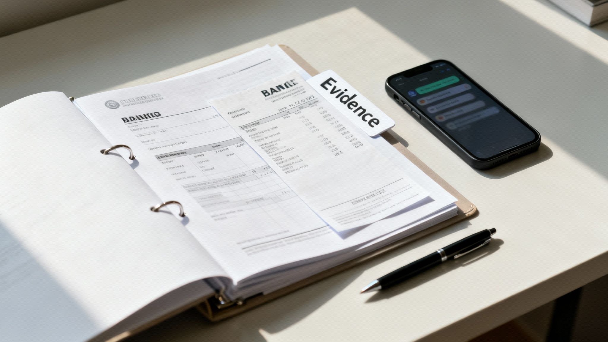 A binder with legal documents, an 'Evidence' tab, a smartphone, and a pen on a desk.