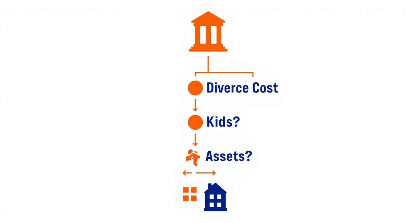 Flowchart illustrating factors affecting divorce costs, including children and assets, relevant to managing expenses during divorce in Humble, Texas.