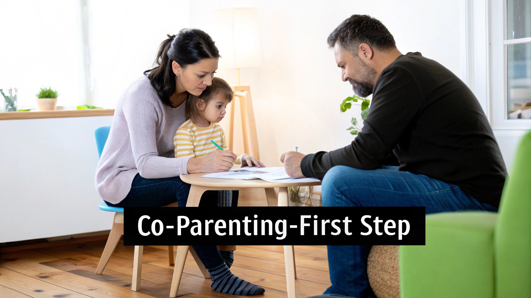 Parents and a young child drawing at a table, with text 'Co-Parenting-First Step'.