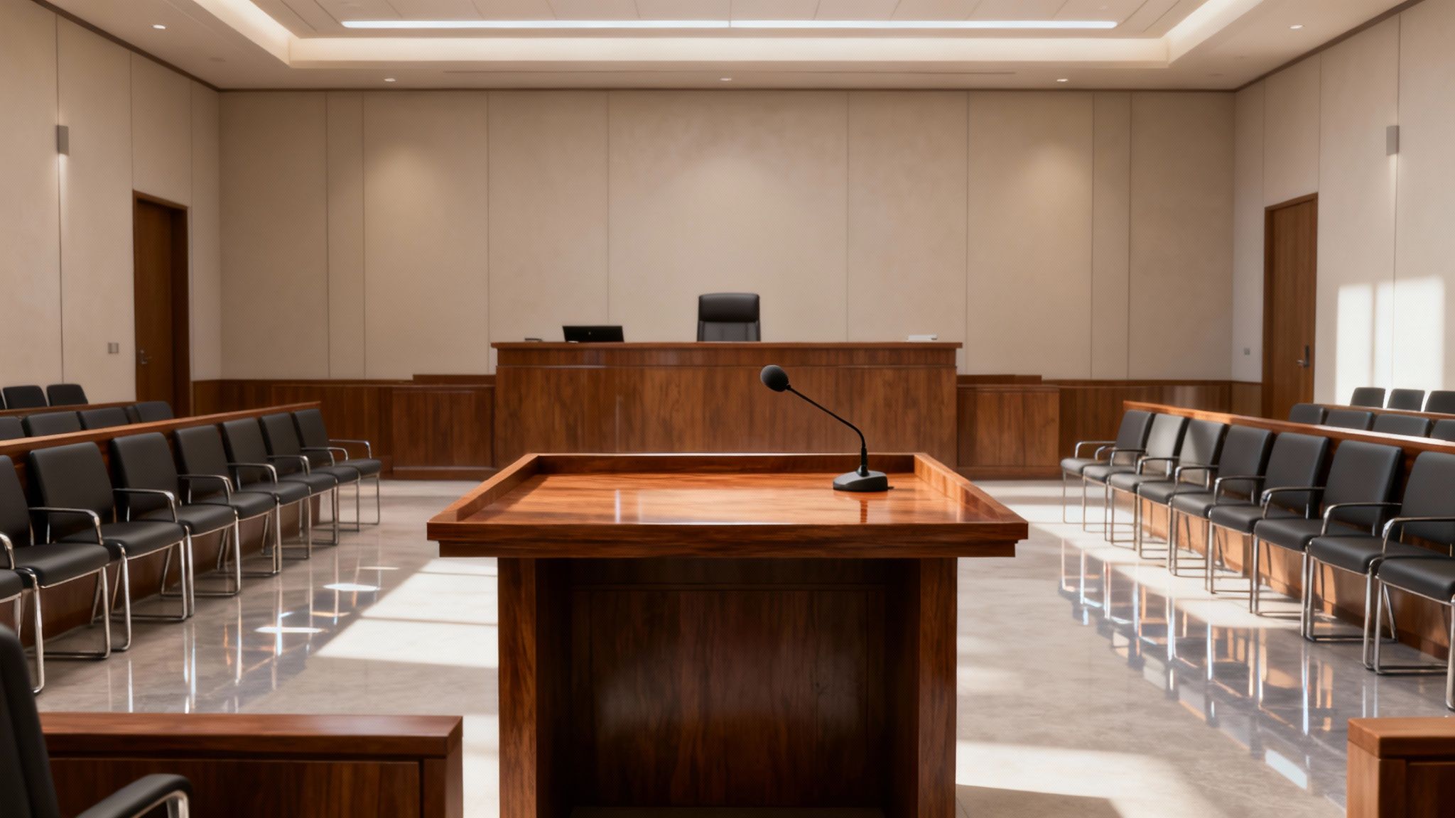 A courtroom interior with empty benches, symbolizing the formal setting of a protective order hearing.
