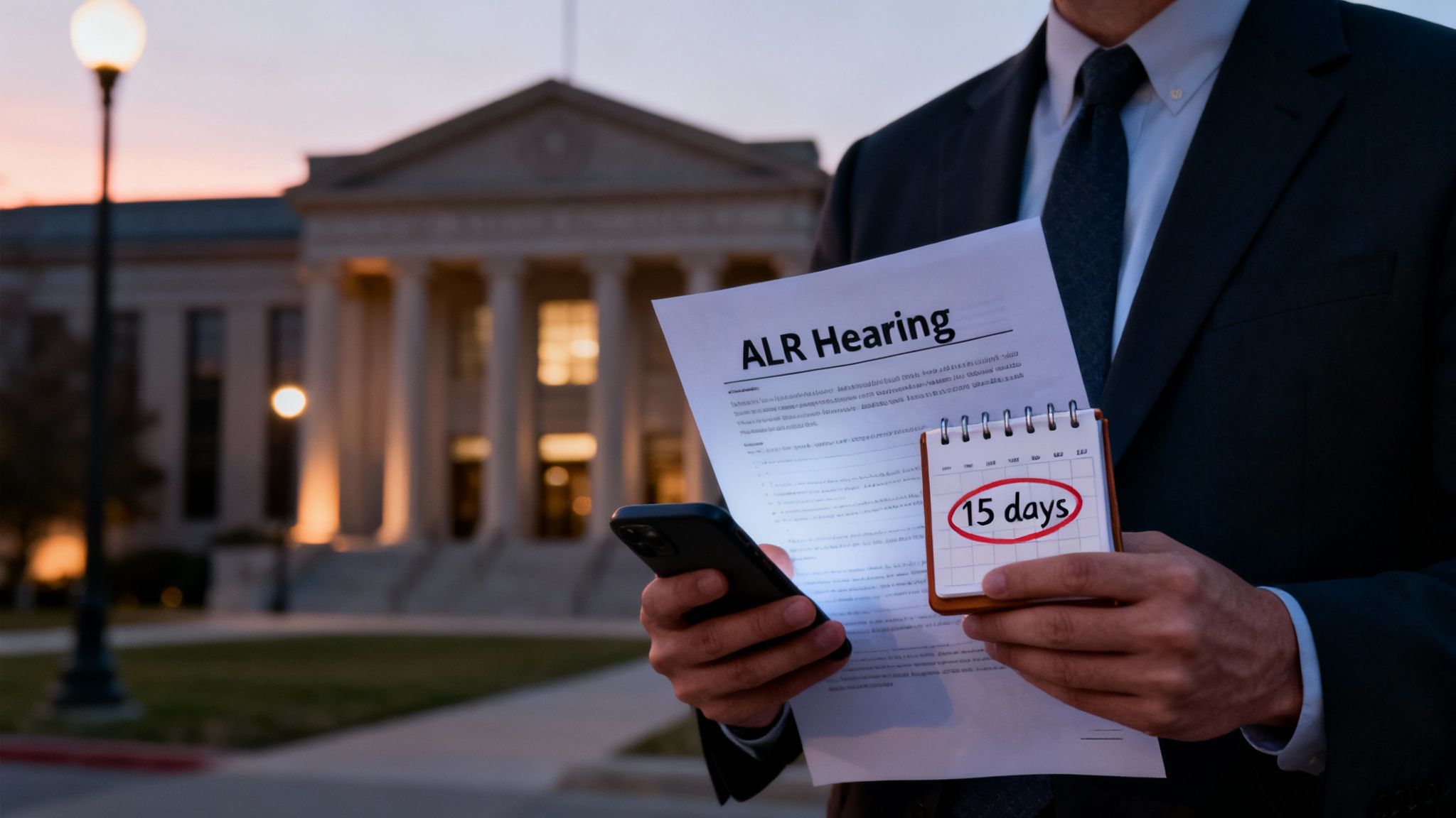 A person holds an ALR Hearing document and a calendar showing '15 days' circled, outside a courthouse.