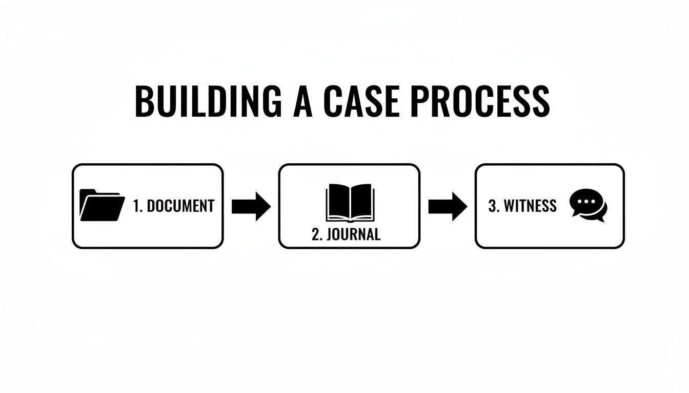 Flowchart illustrating the 'Building a Case Process' with steps: document, journal, and witness.