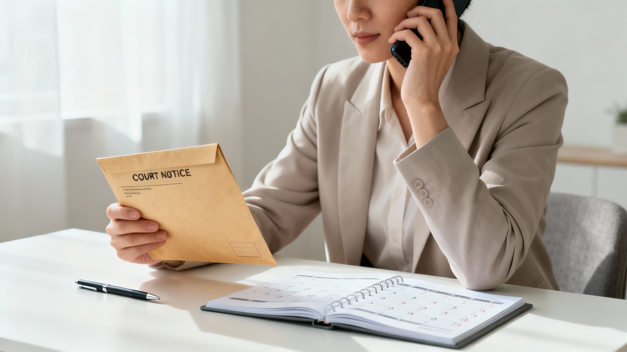 Professional woman in suit holding court notice envelope while making phone call at desk