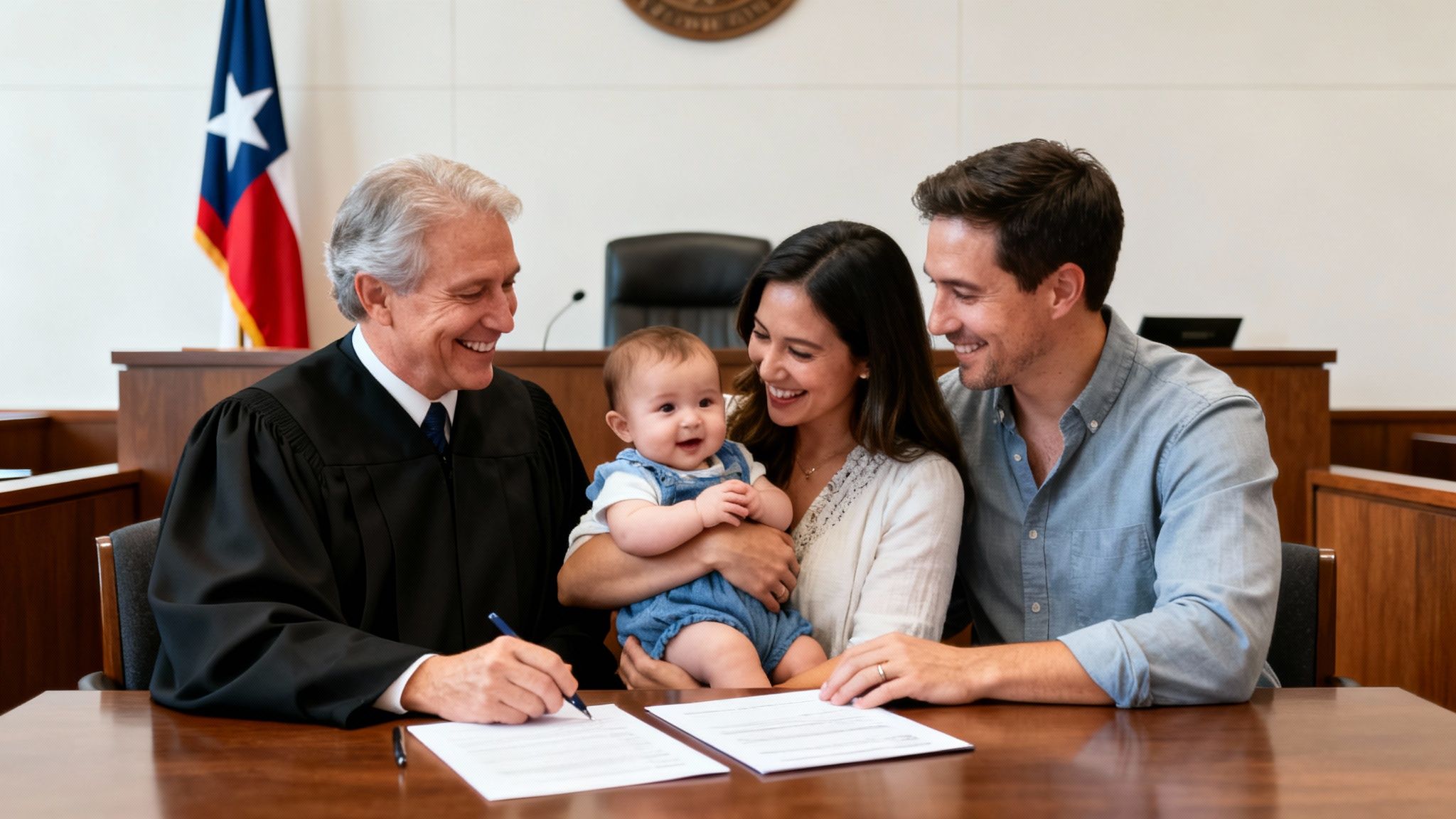 Smiling judge, parents, and baby finalize adoption documents in a courtroom setting.