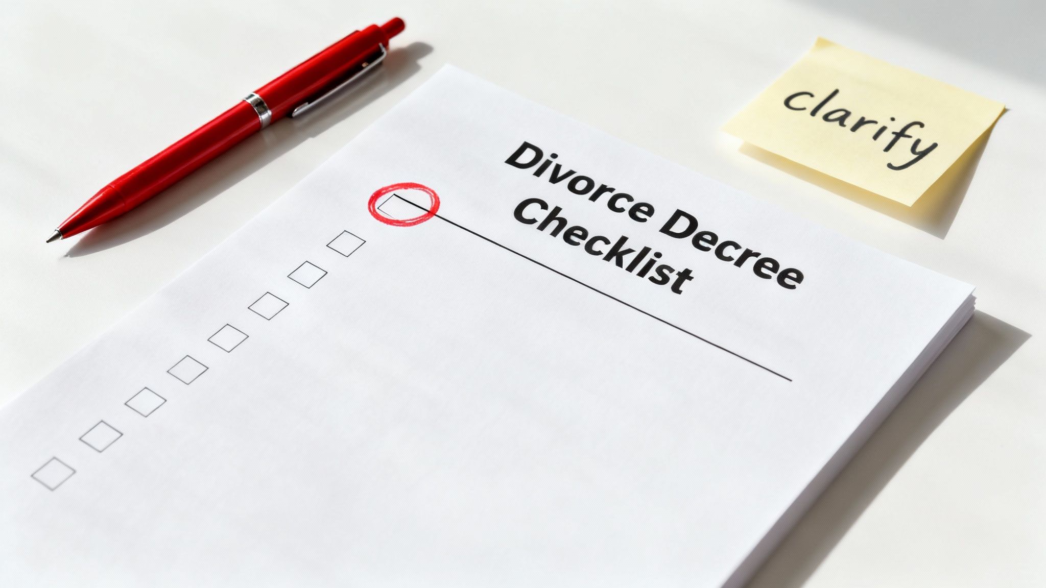Divorce decree checklist with red pen and clarify sticky note on white desk
