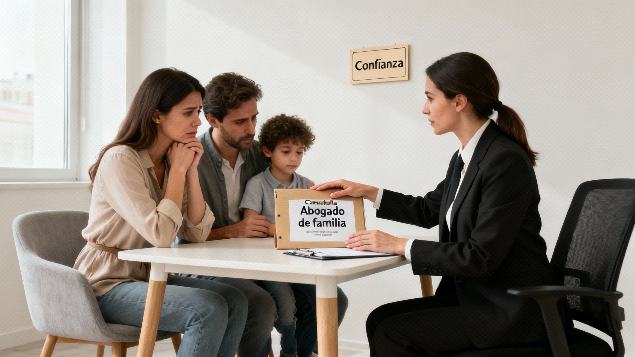 Familia con un abogado de familia discutiendo un caso difícil, la madre parece triste y el niño observa.