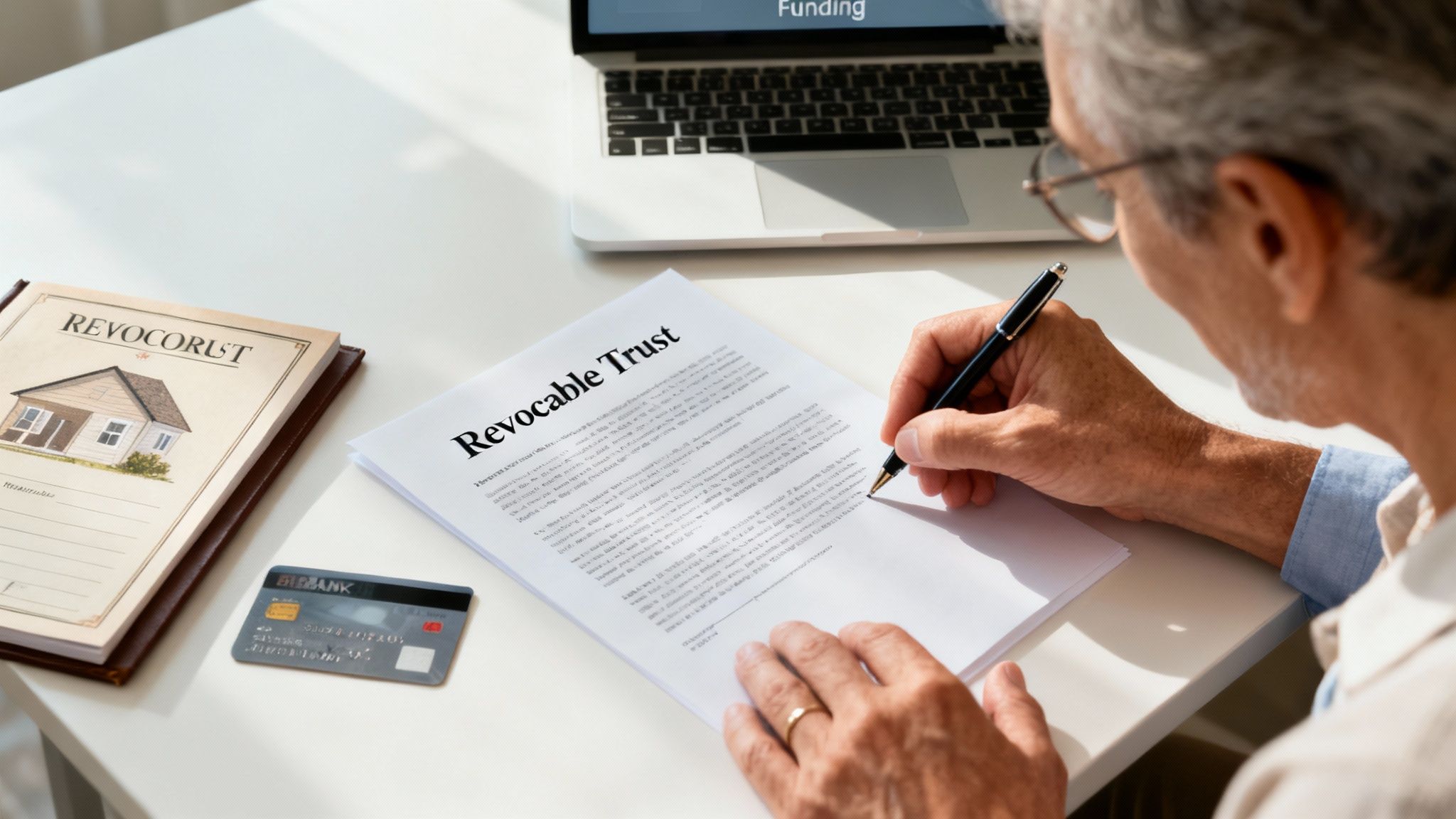 Man writing on a "Revocable Trust" document with a pen, alongside a notebook titled "Revocorust," a credit card, and a laptop displaying "Funding," illustrating estate planning and trust management.