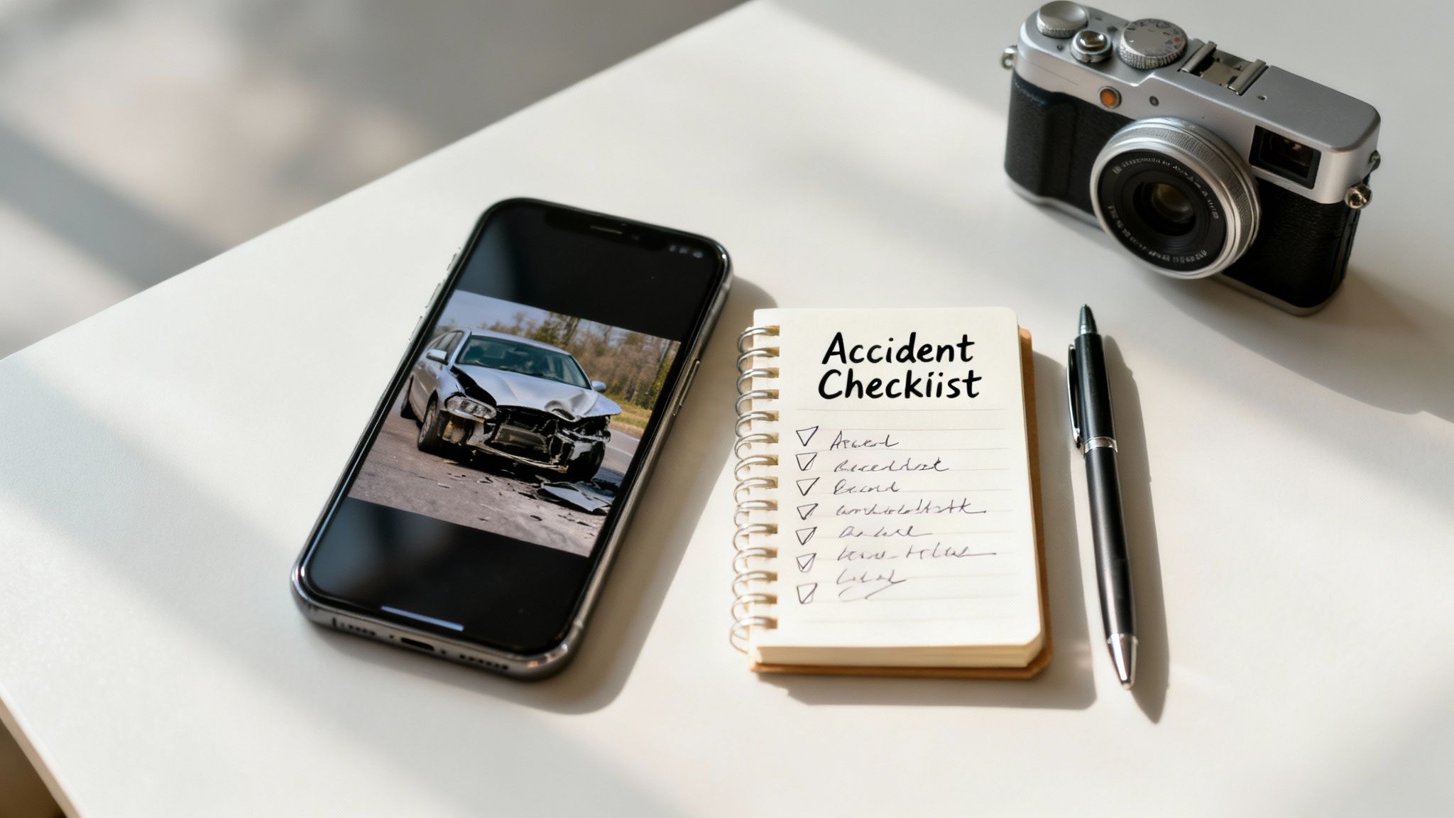 Smartphone displaying a car accident photo, next to an 'Accident Checklist' notebook, pen, and camera.