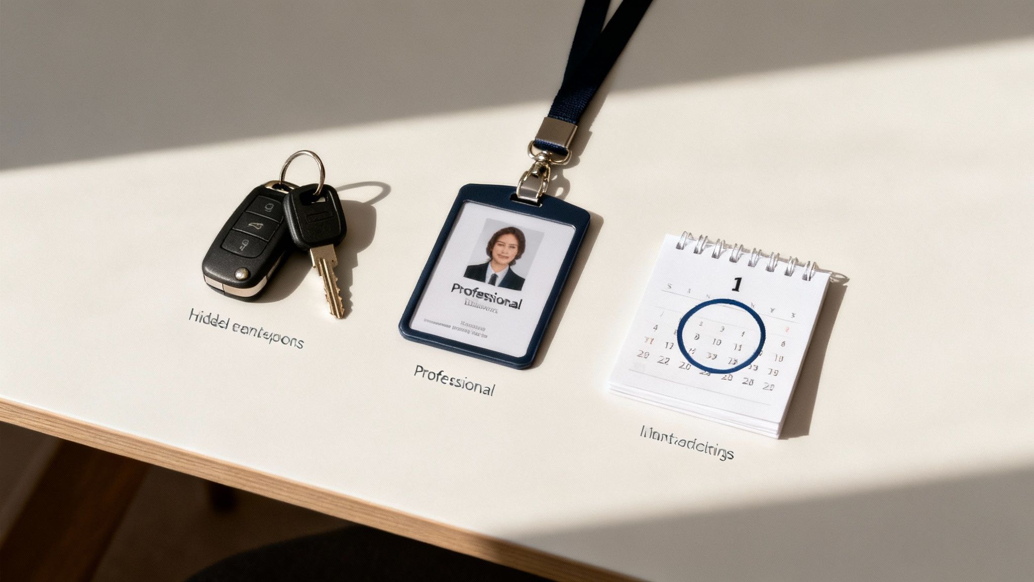 A flat lay photo of car keys, a professional ID badge, and a desk calendar on a light surface.
