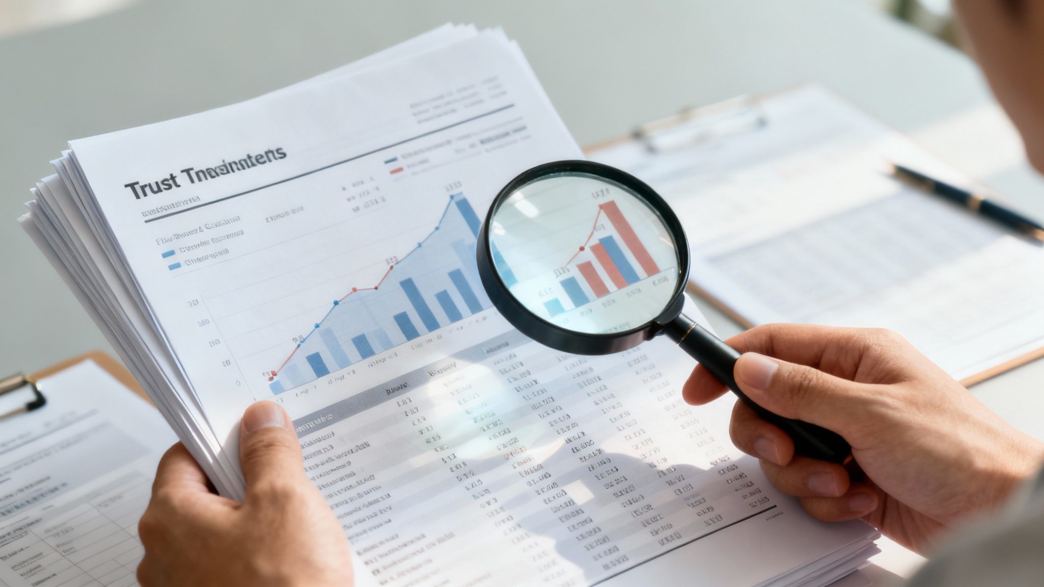 Person examining trust financial reports with a magnifying glass, highlighting trust management and transparency in asset administration.
