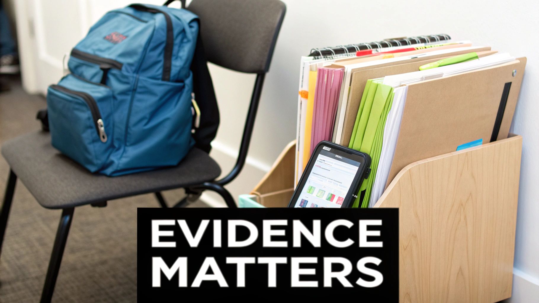 A blue backpack sits on a gray chair, beside a wooden file organizer with documents and a smartphone. Text reads: EVIDENCE MATTERS.