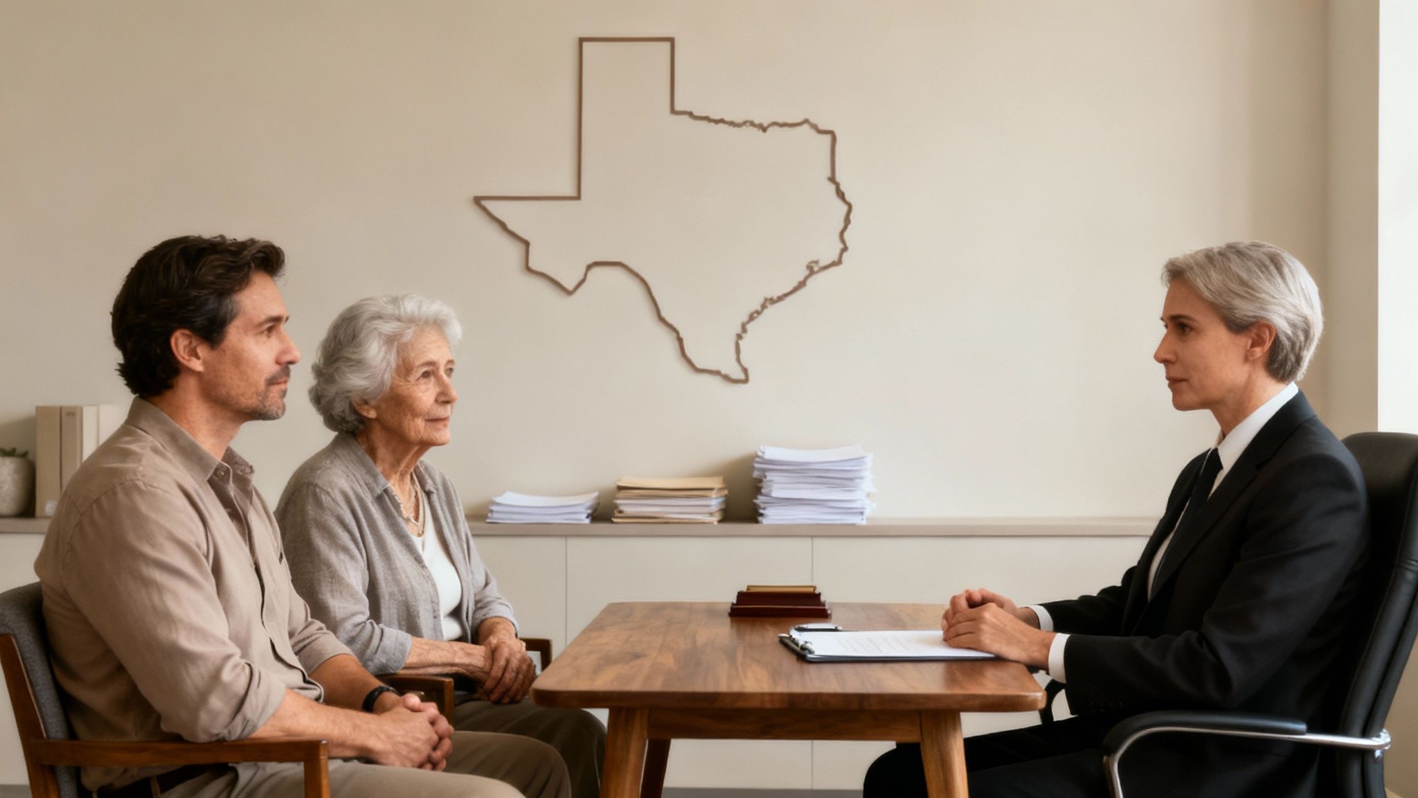 A man and an elderly woman consult with a female legal professional in an office.