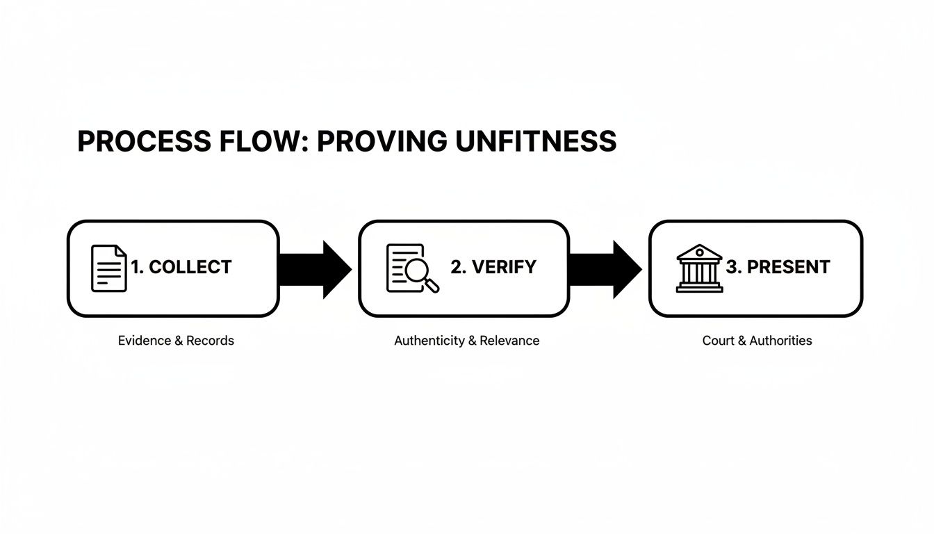 A flowchart illustrating the three-step process for proving unfitness: collect, verify, and present evidence.