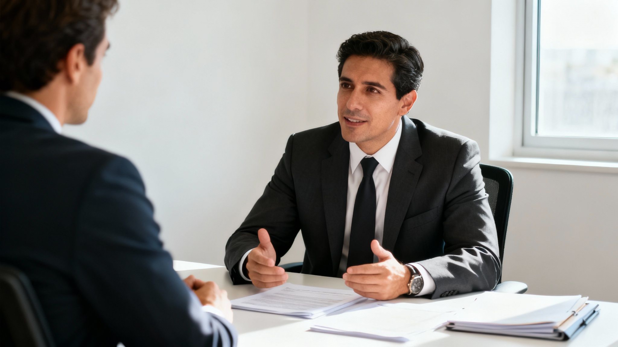 Dos hombres de negocios sentados en un escritorio, uno de ellos hablando y gesticulando durante una reunión.