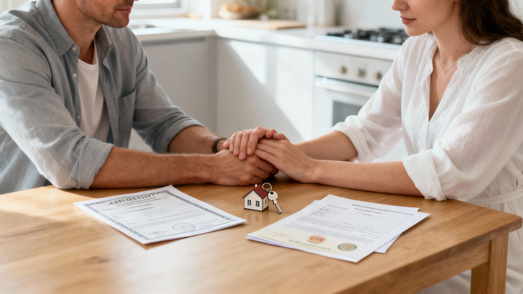 A couple holding hands across a table with house documents and a miniature house model with a key.