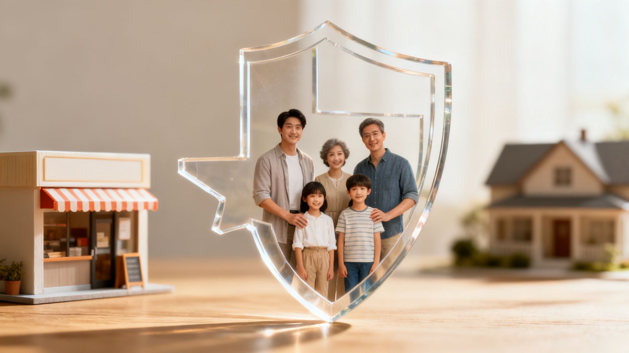 A multi-generational family stands inside a transparent shield, flanked by miniature home and shop.