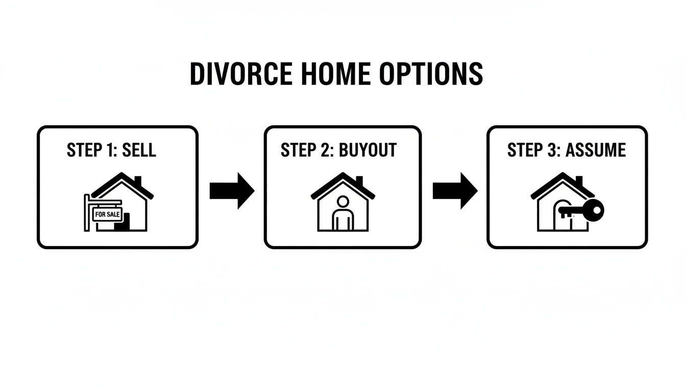 Flowchart illustrating three options for a home after divorce: sell, buyout, or assume a mortgage.