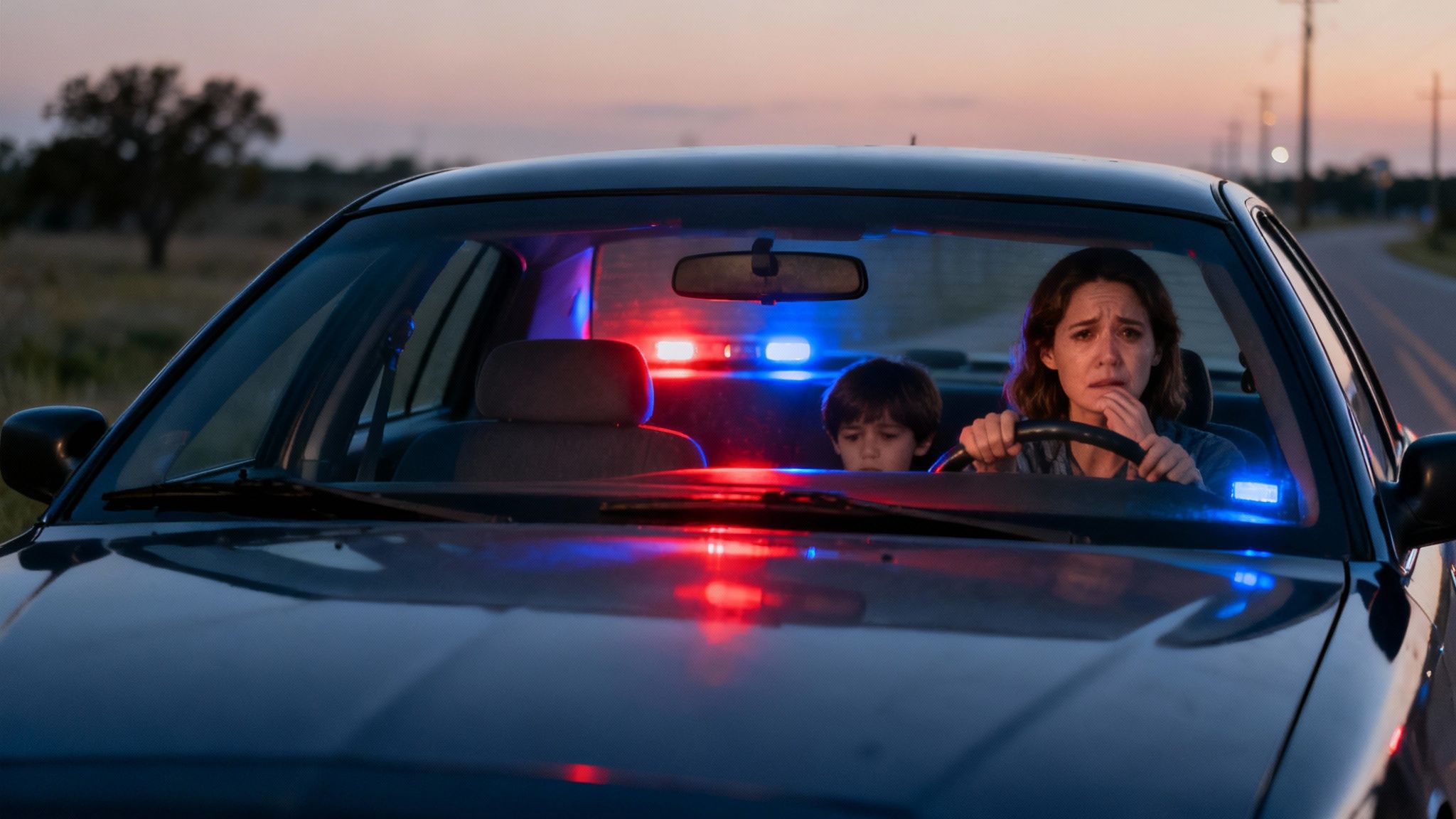 A person being pulled over by a police car at night with lights flashing.