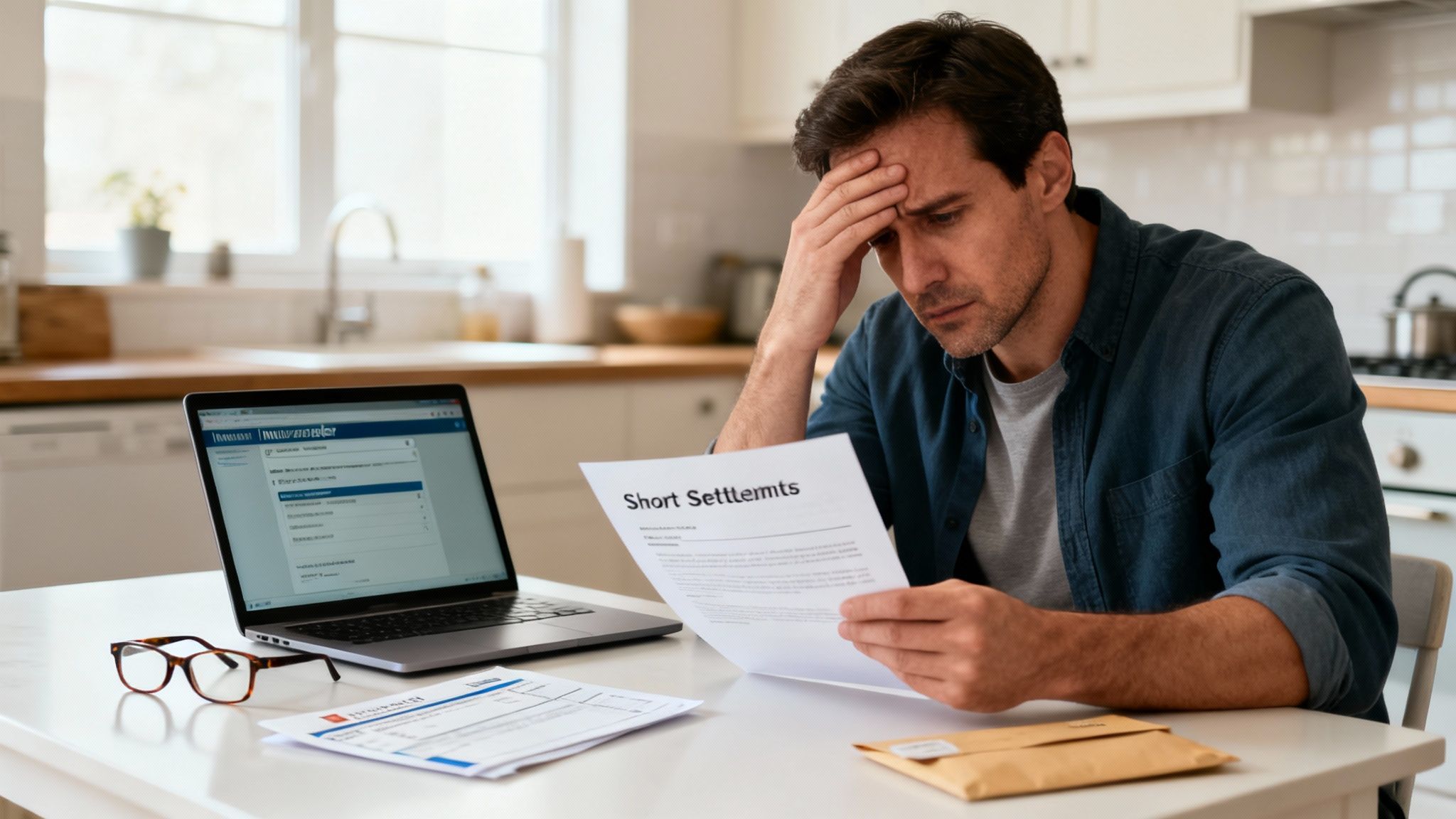 A man looking stressed while reviewing 'Short Settlements' paperwork with a laptop in a kitchen.