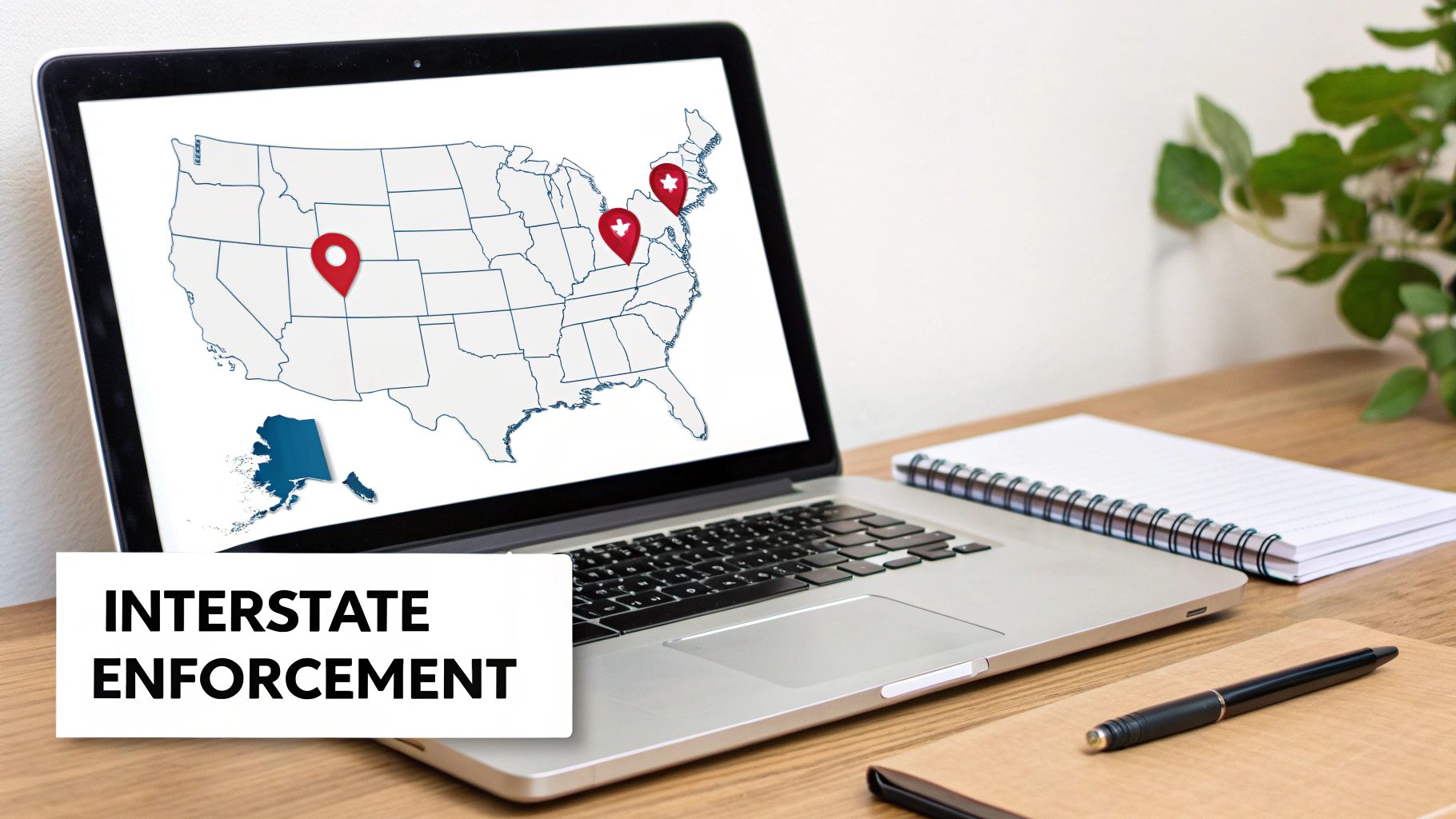 A laptop displaying a US map with red location pins and text 'Interstate Enforcement' on a desk.