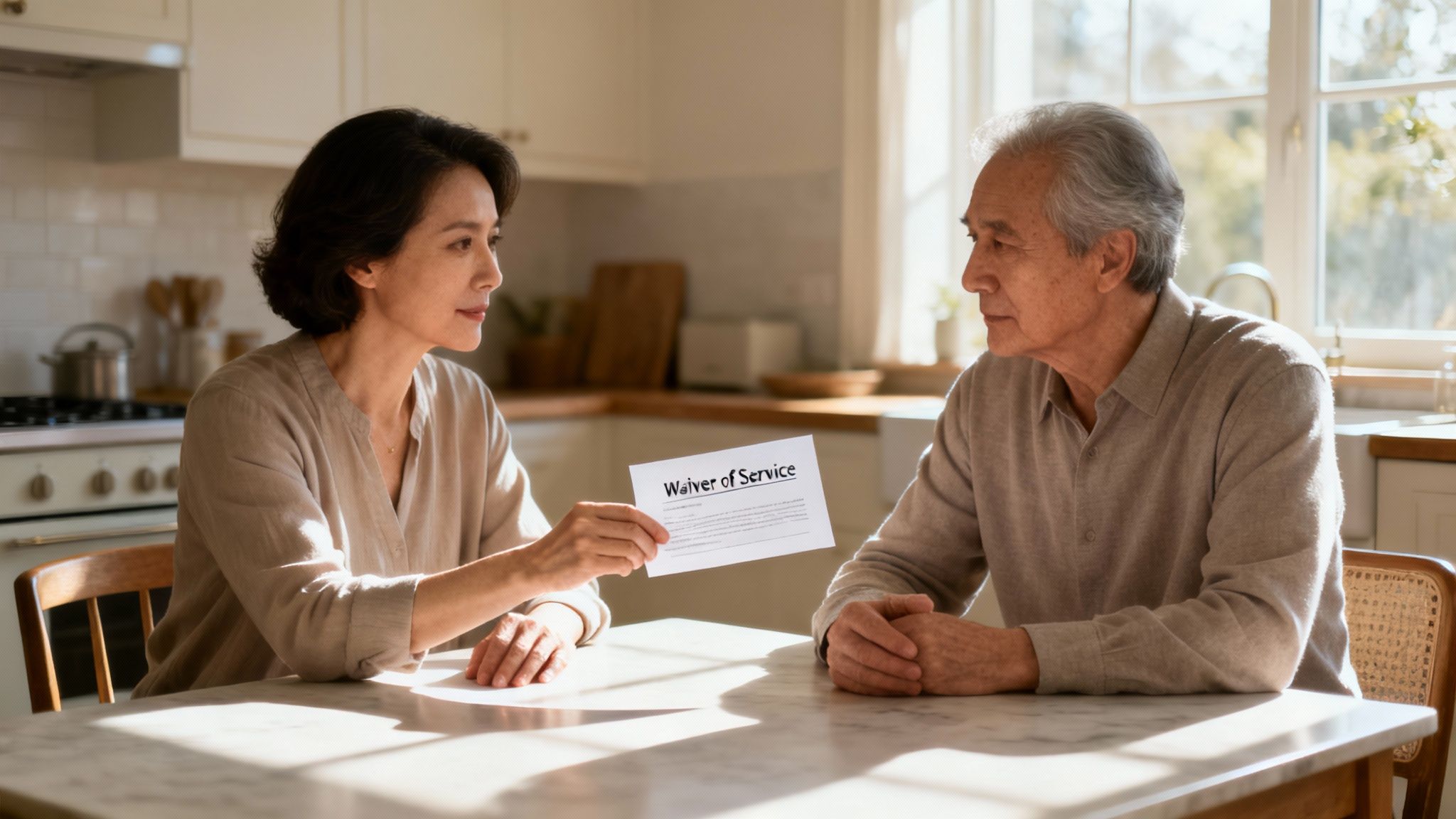 An Asian woman shows a 'Waiver of Service' document to an Asian man at a kitchen table.