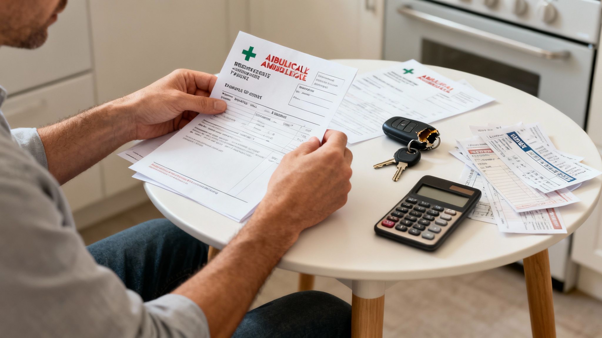 Close-up of a person holding medical bills, with a calculator and car keys on a white table.