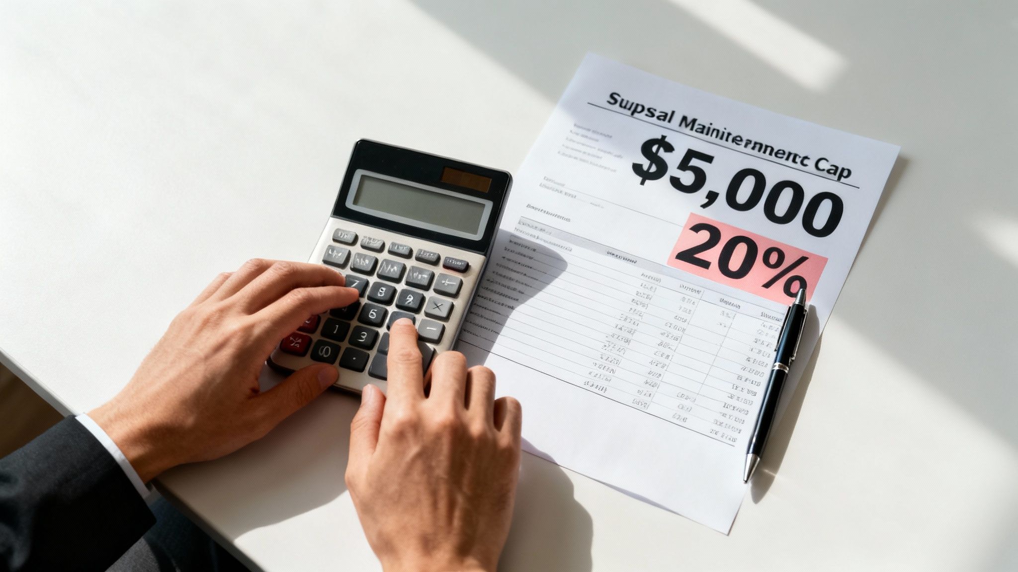 Hands using a calculator next to a document showing 'Supsal Mainiterment Cap', '$5,000', and '20%' figures.