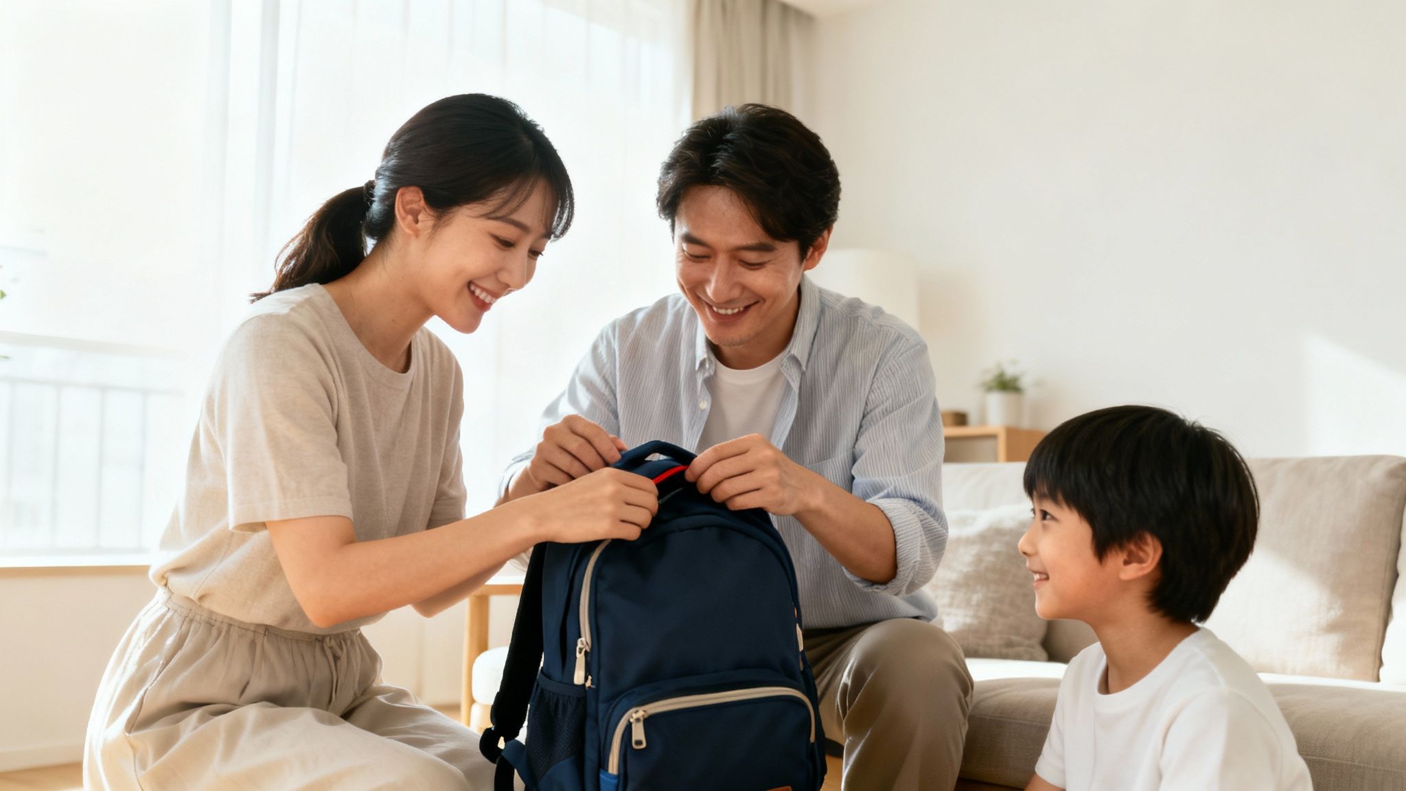Happy parents help their smiling son pack his blue school backpack at home.