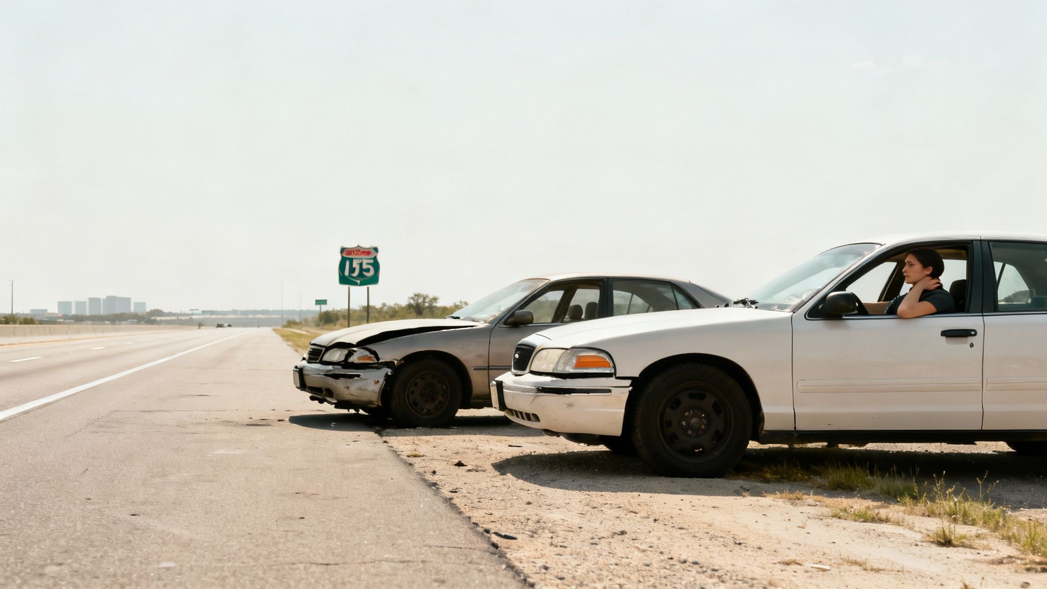 Two damaged cars pulled over on the side of a highway, with a woman sitting in one, near an I-155 sign.
